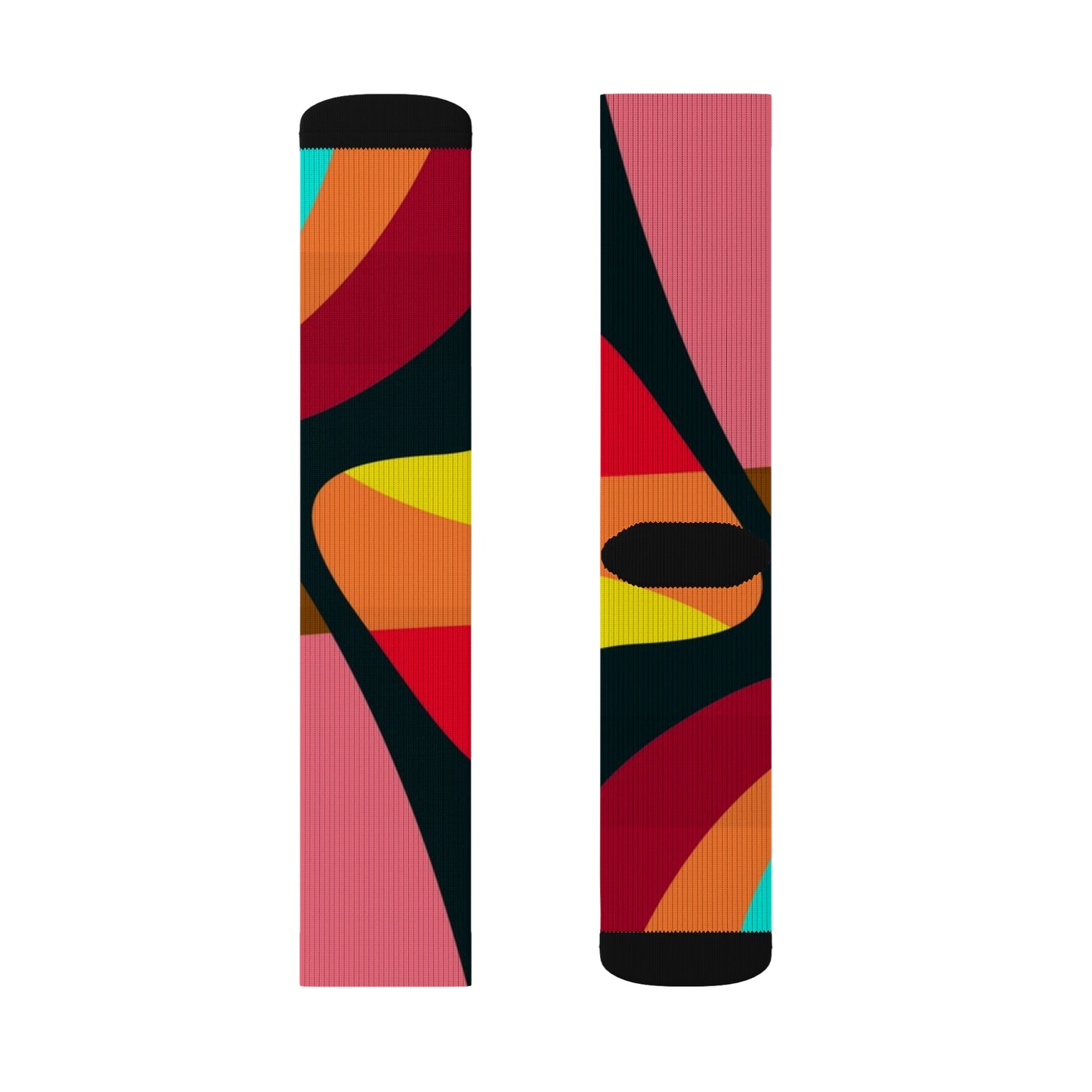Flat lay of warm colored geometric socks, showing front and back views with bold red, orange, yellow, teal and black abstract shapes.
