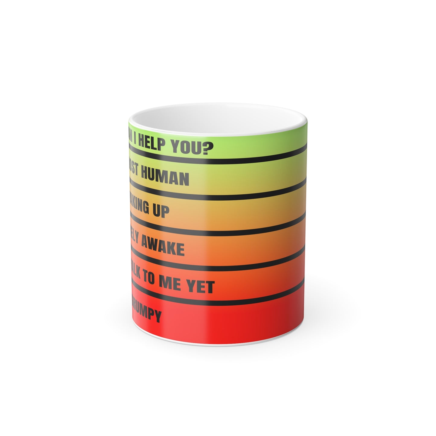 Angled view of Mood-O-Meter Magic Mug displaying full mood scale and heat-sensitive gradient
