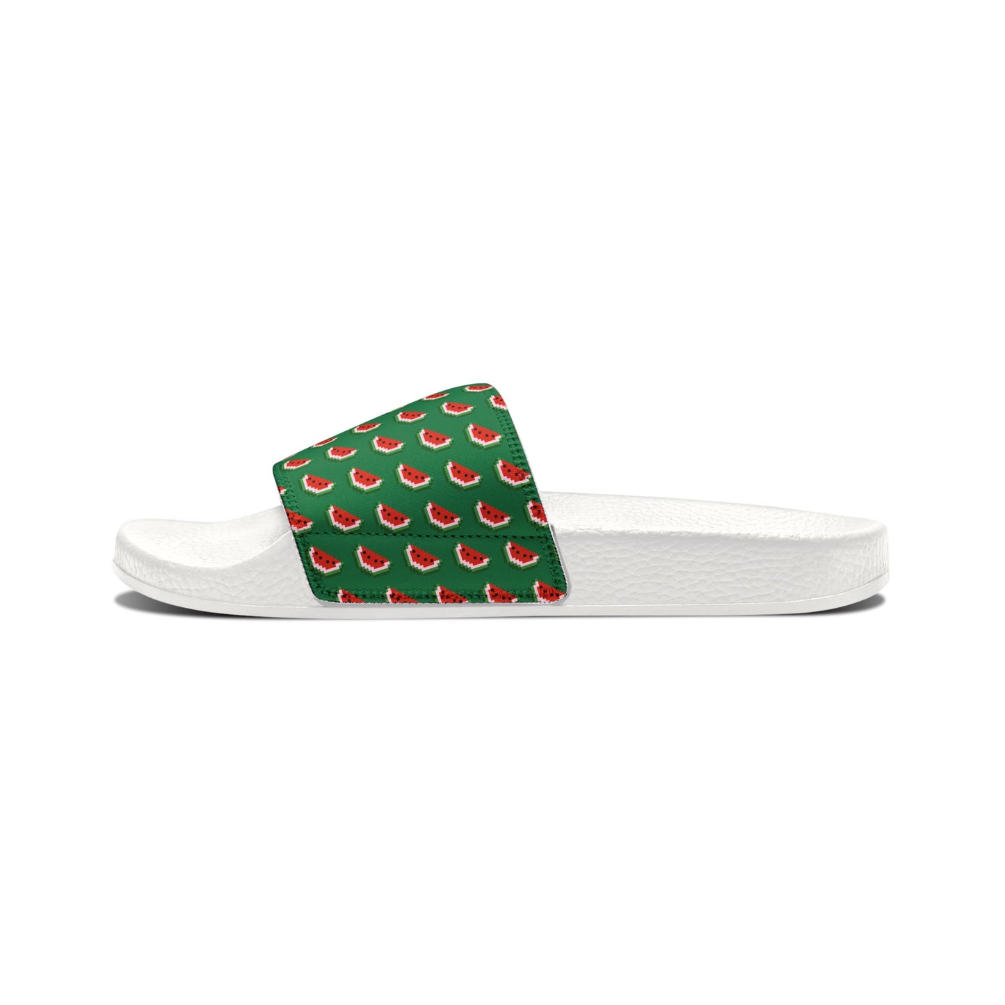 White slide sandal with a green strap featuring watermelon pattern on a white background