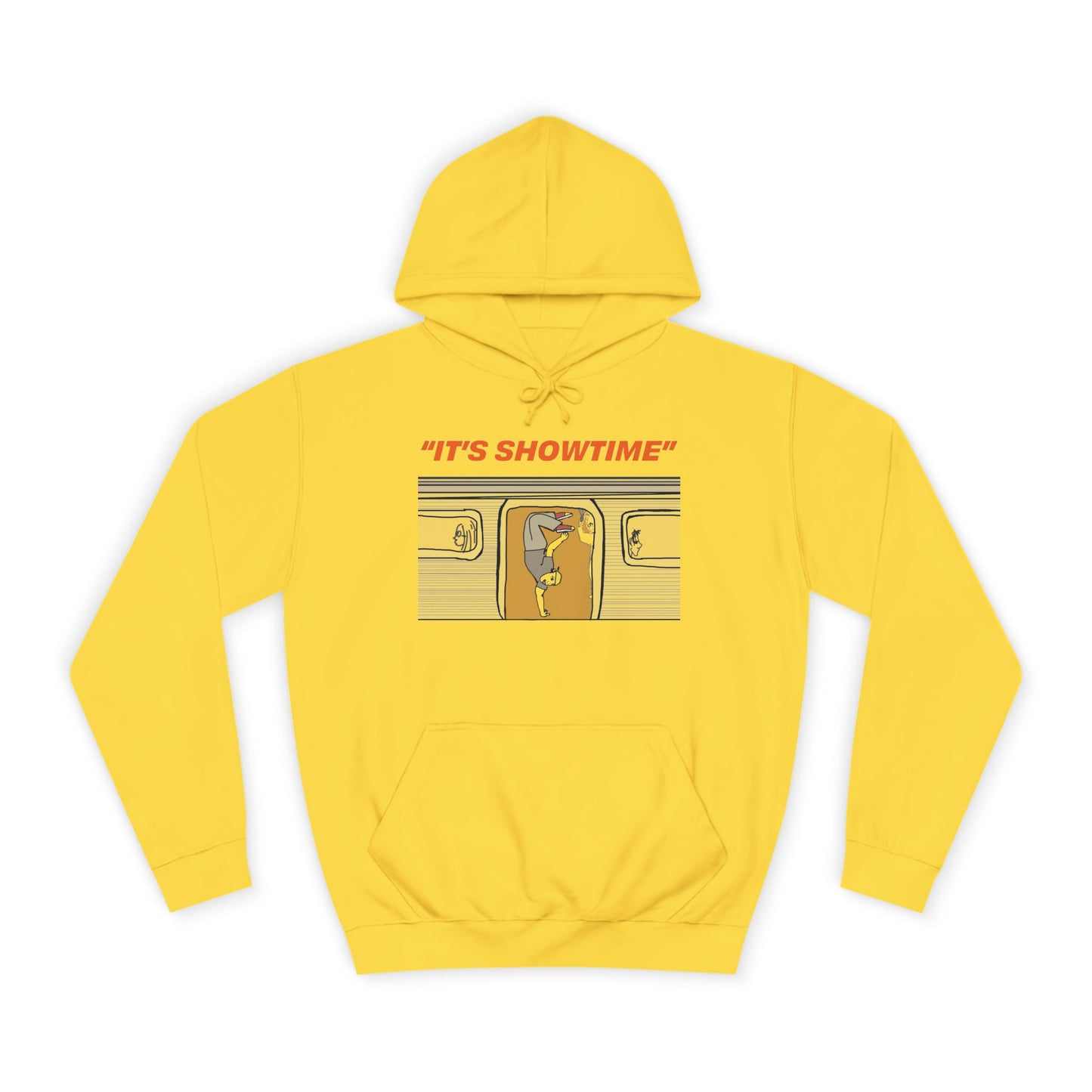 Yellow It’s Showtime Hoodie with subway performer artwork on front.