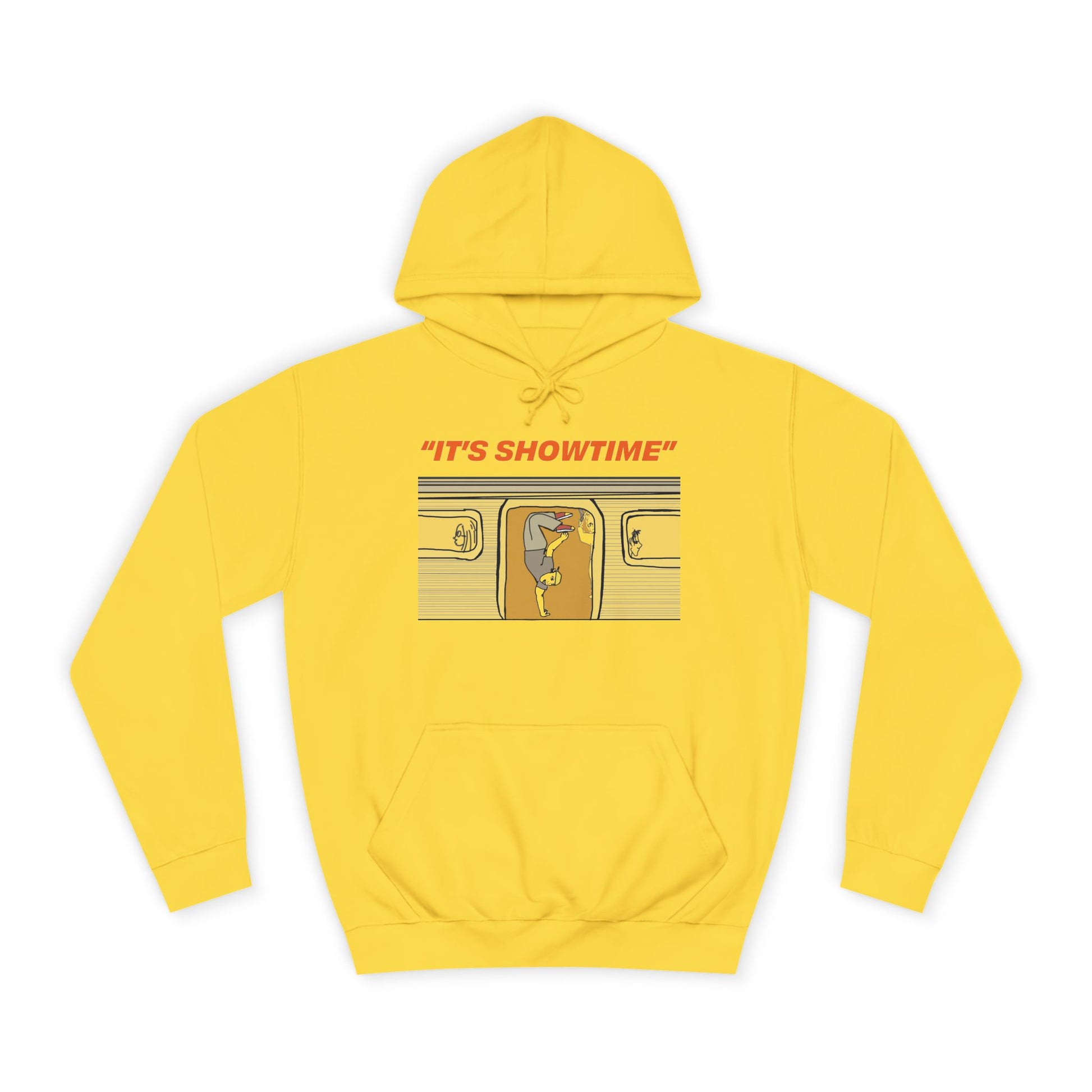 Yellow It’s Showtime Hoodie with subway performer artwork on front.