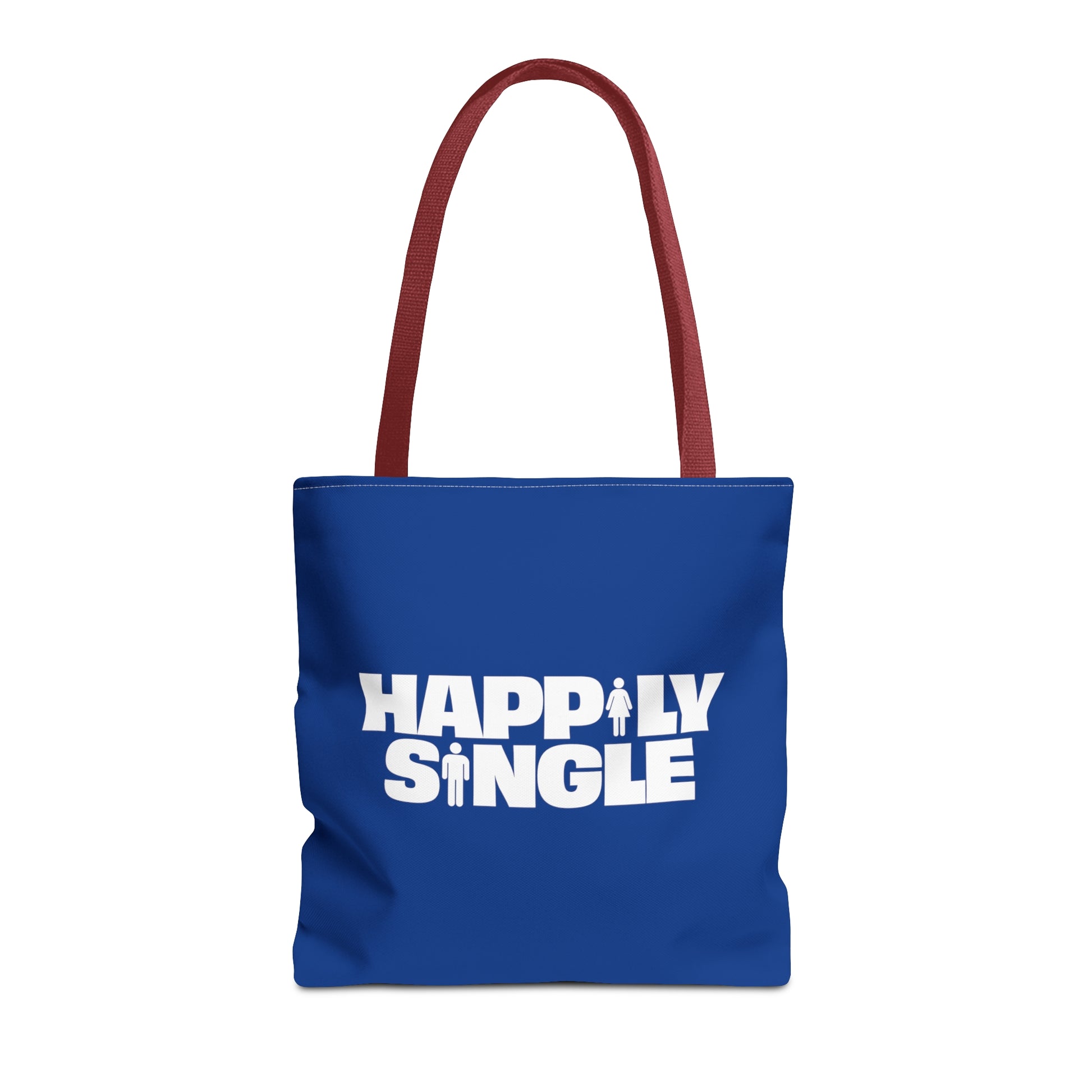 Blue tote bag featuring the bold white text "Happily Single" with small male and female icons