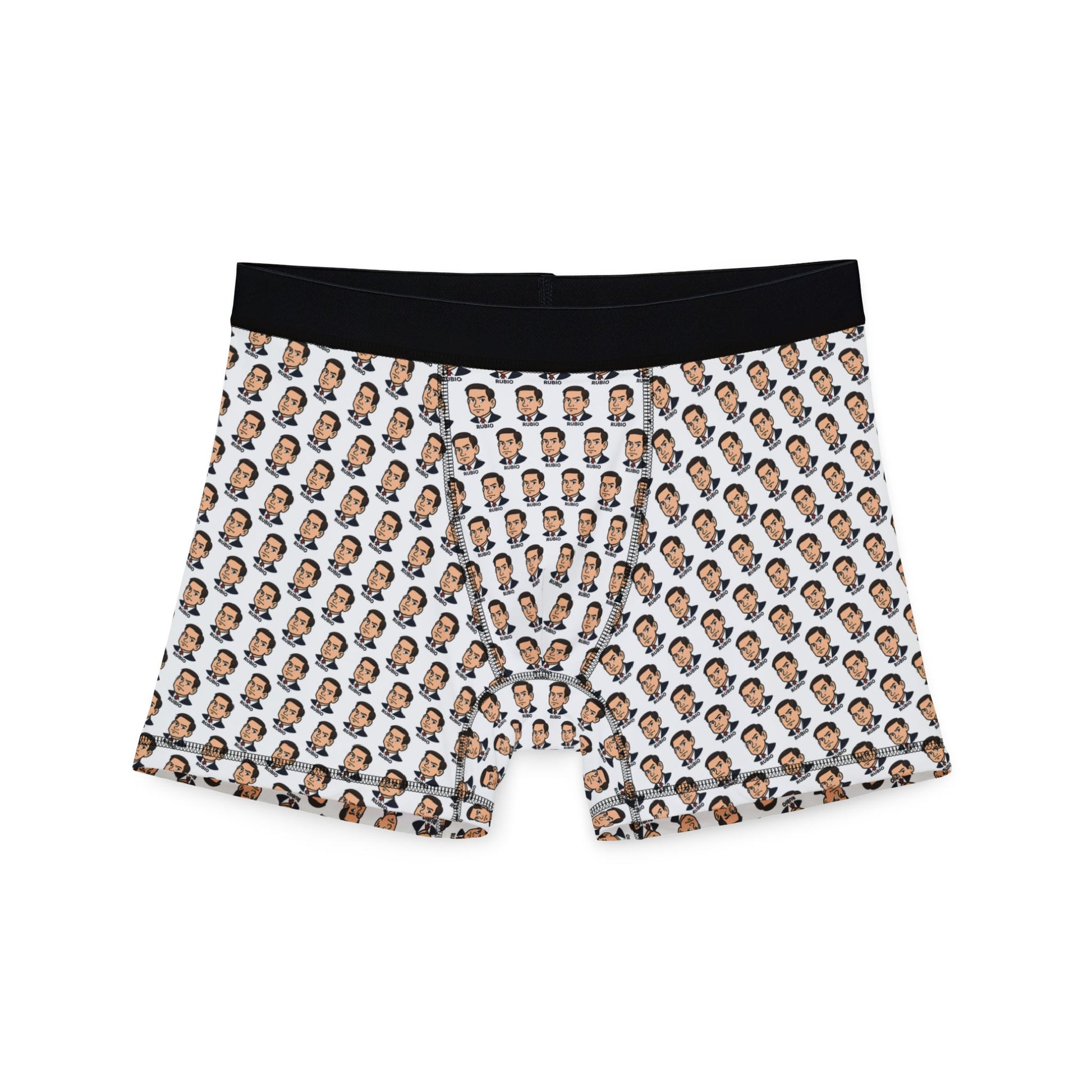 Front view of Marco Rubio face print boxer briefs with contour pouch and black waistband