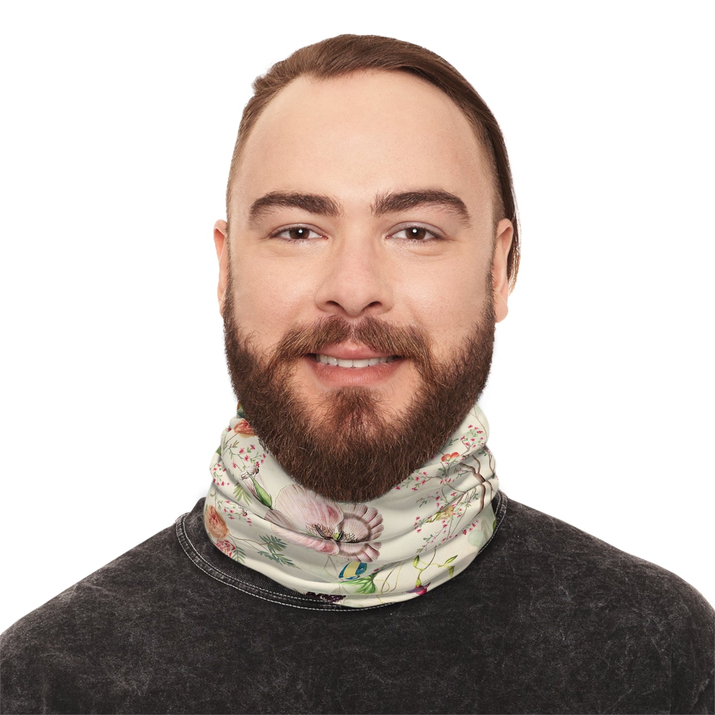 Floral Tube Scarf worn as neck gaiter front view male model