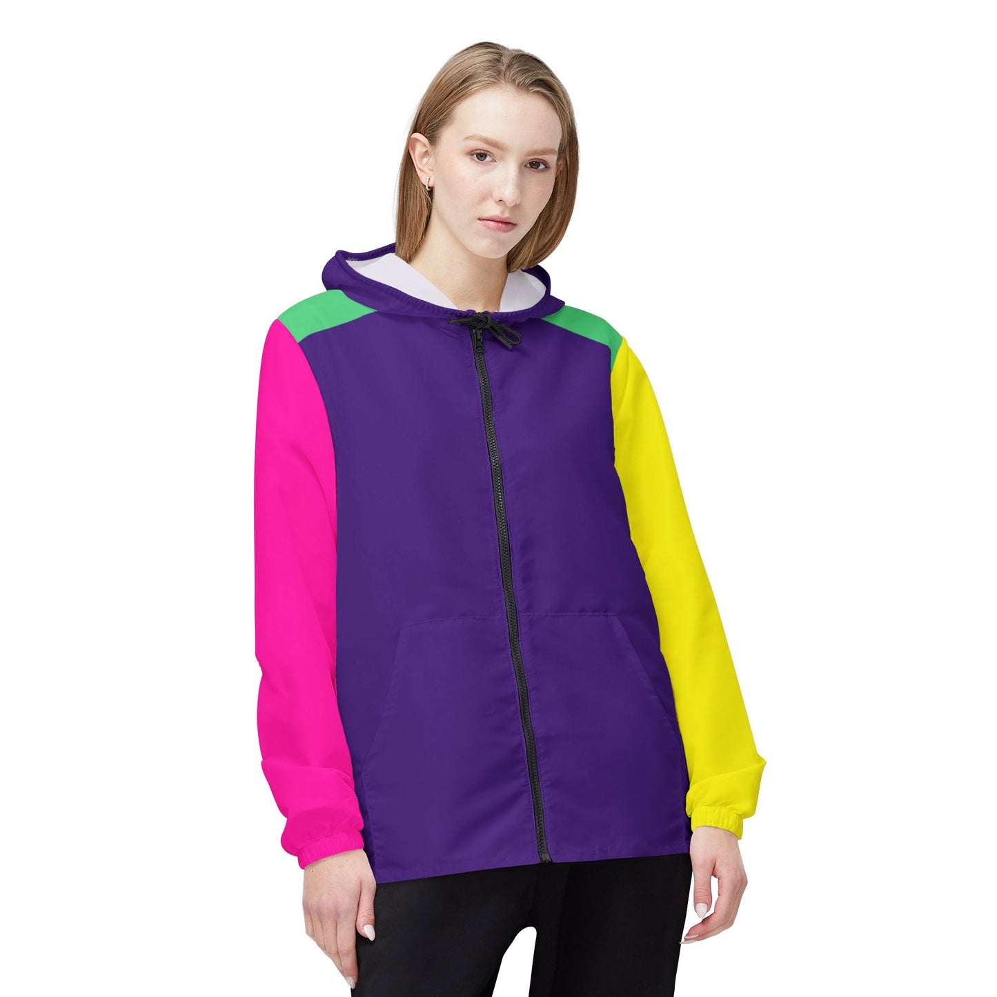 A women's windbreaker jacket featuring bold retro color blocks in purple, yellow, hot pink, and green, styled with a front zipper and pockets.