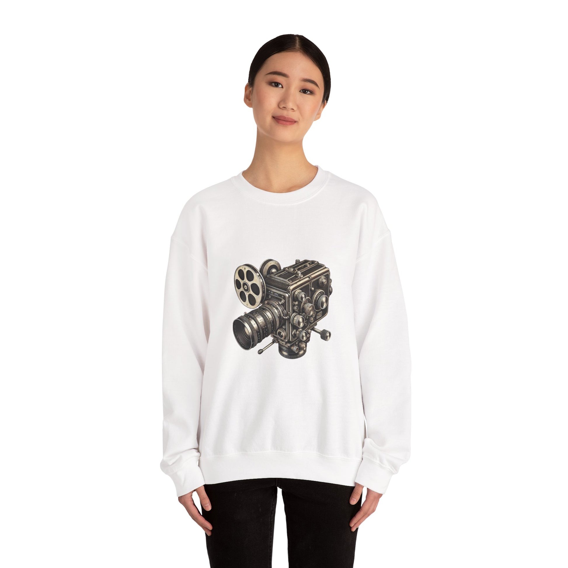 Female model in white Film Camera Sweatshirt, casual fit style.