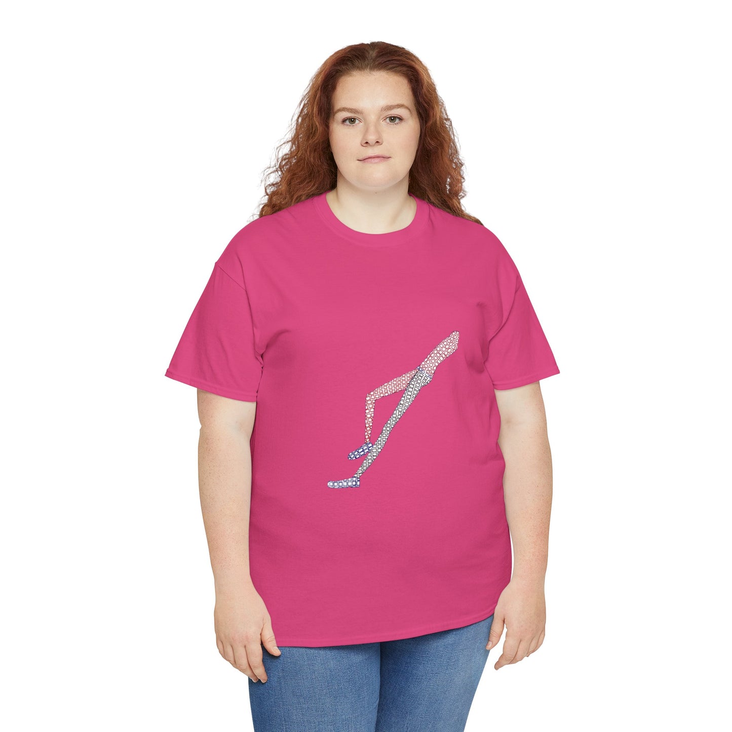 Woman wearing pink Shapes in Shapes T-Shirt standing casually
