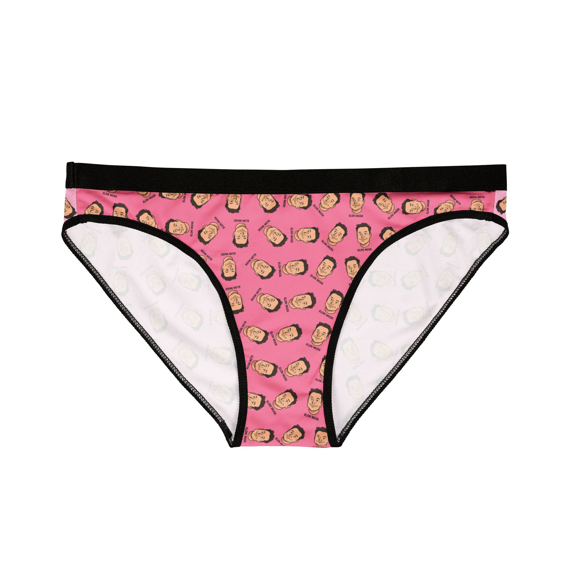 Flat front view of pink Elon Musk Panties, showing inner white lining and all-over Elon cartoon face print.