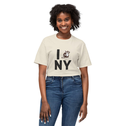 Woman wearing NY RAT T-Shirt in cream color, featuring bold "I ♥ NY" parody design with a rat illustration.