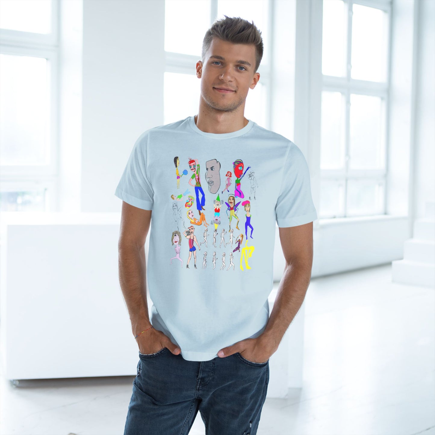Male model wearing light blue Mix Unisex Deluxe T-Shirt featuring exclusive artistic design.