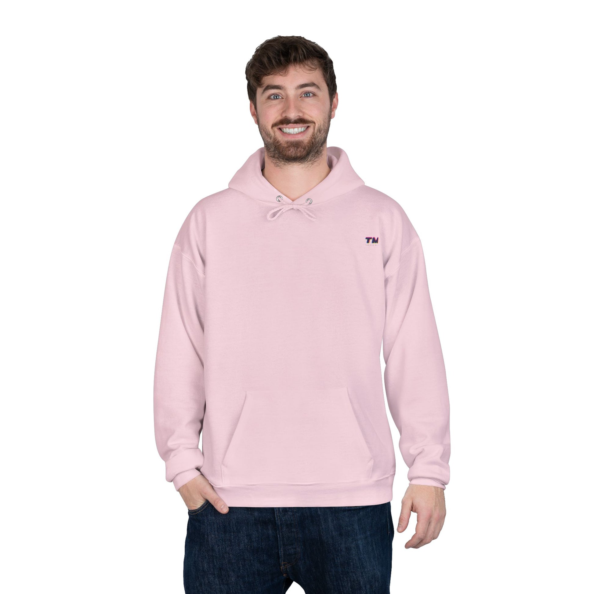 Man wearing light pink EcoSmart hoodie with front pocket.