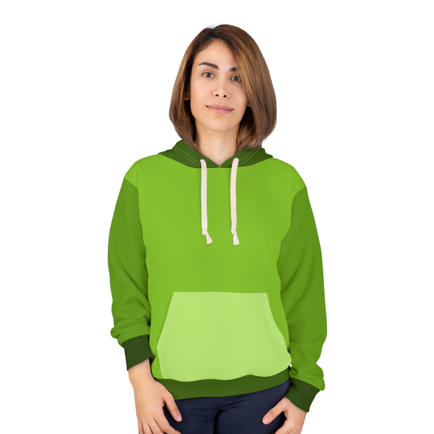 Female model wearing Avocado Unisex Hoodie displaying bright green tones, comfortable fit, and fun casual streetwear look