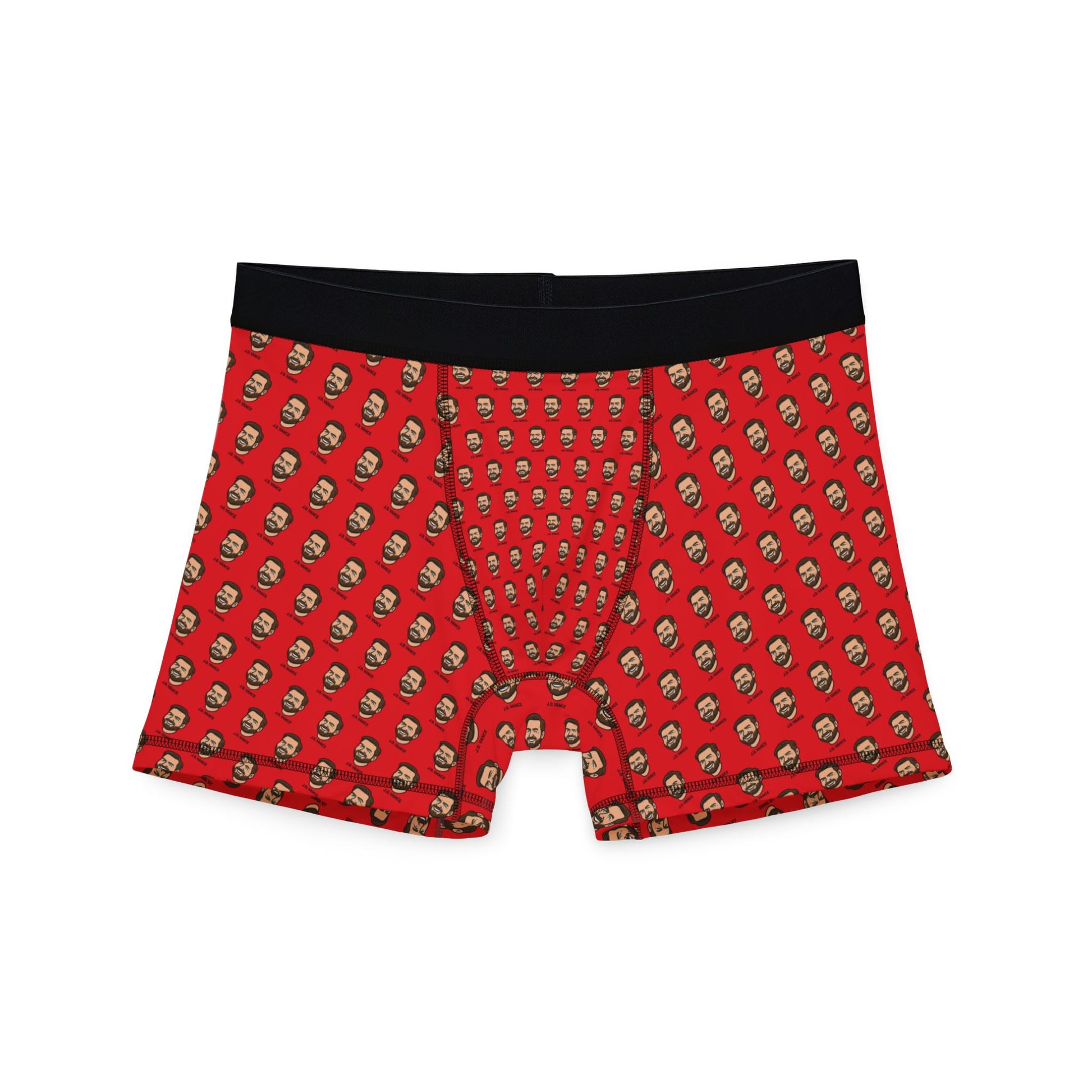 Flat front view of red J.D. Vance Boxer Briefs, showing waistband and symmetrical face pattern.