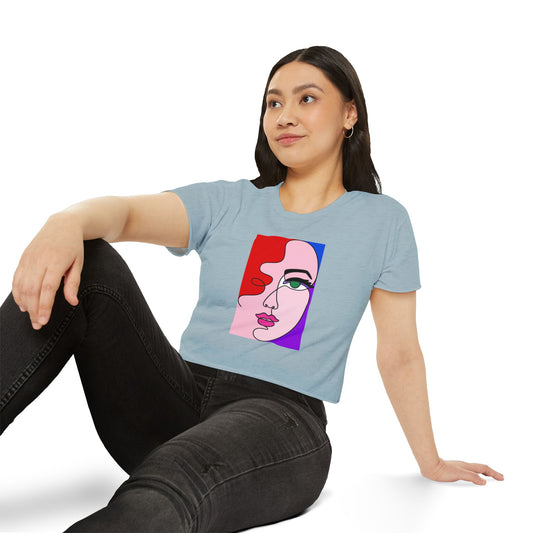The Courtesan Women's Crop Top featuring a colorful abstract line art portrait on a soft, breathable fabric, designed for artistic fashion lovers.