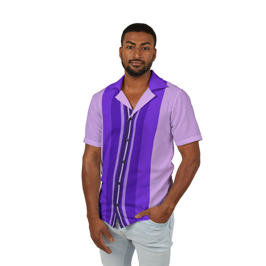 Purple Tones Men's Golf Shirt featuring a retro vertical stripe design, perfect for casual summer wear and vintage fashion lovers.