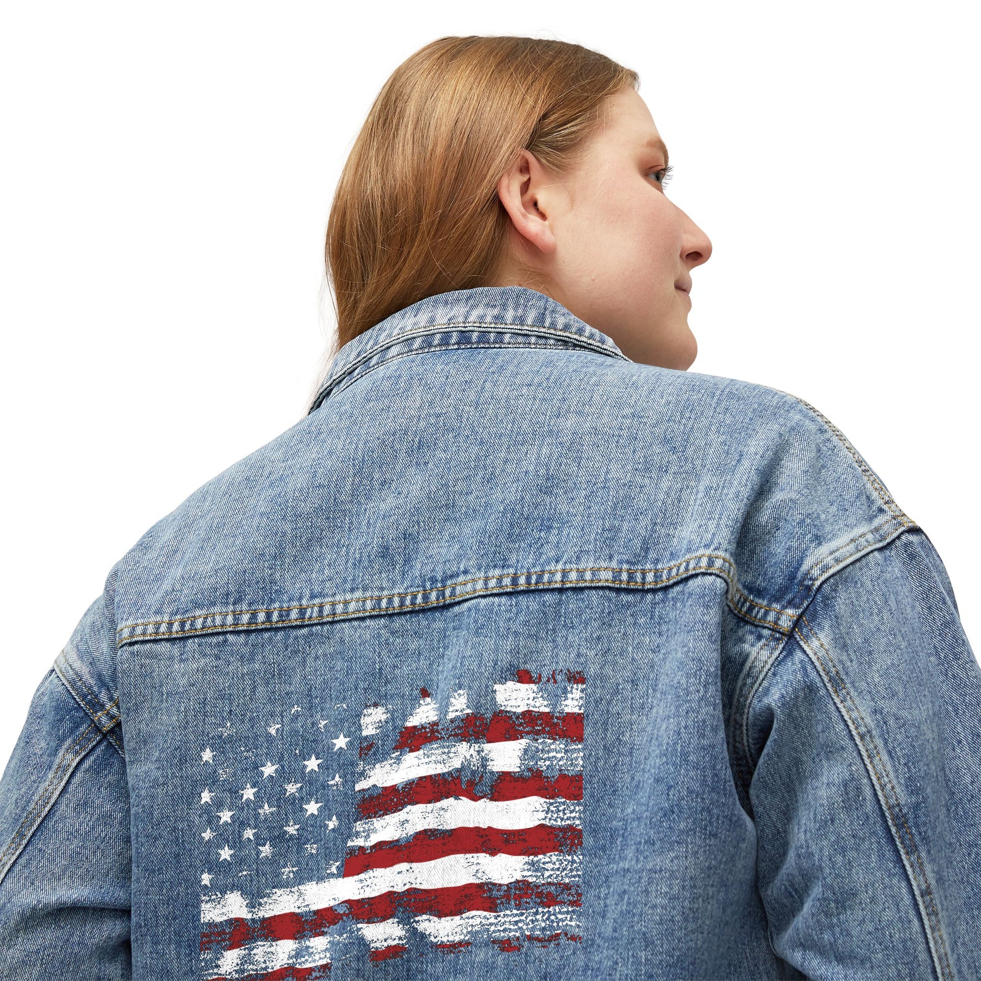 Close-up back view of Americana Women’s Denim Jacket with distressed American flag patch