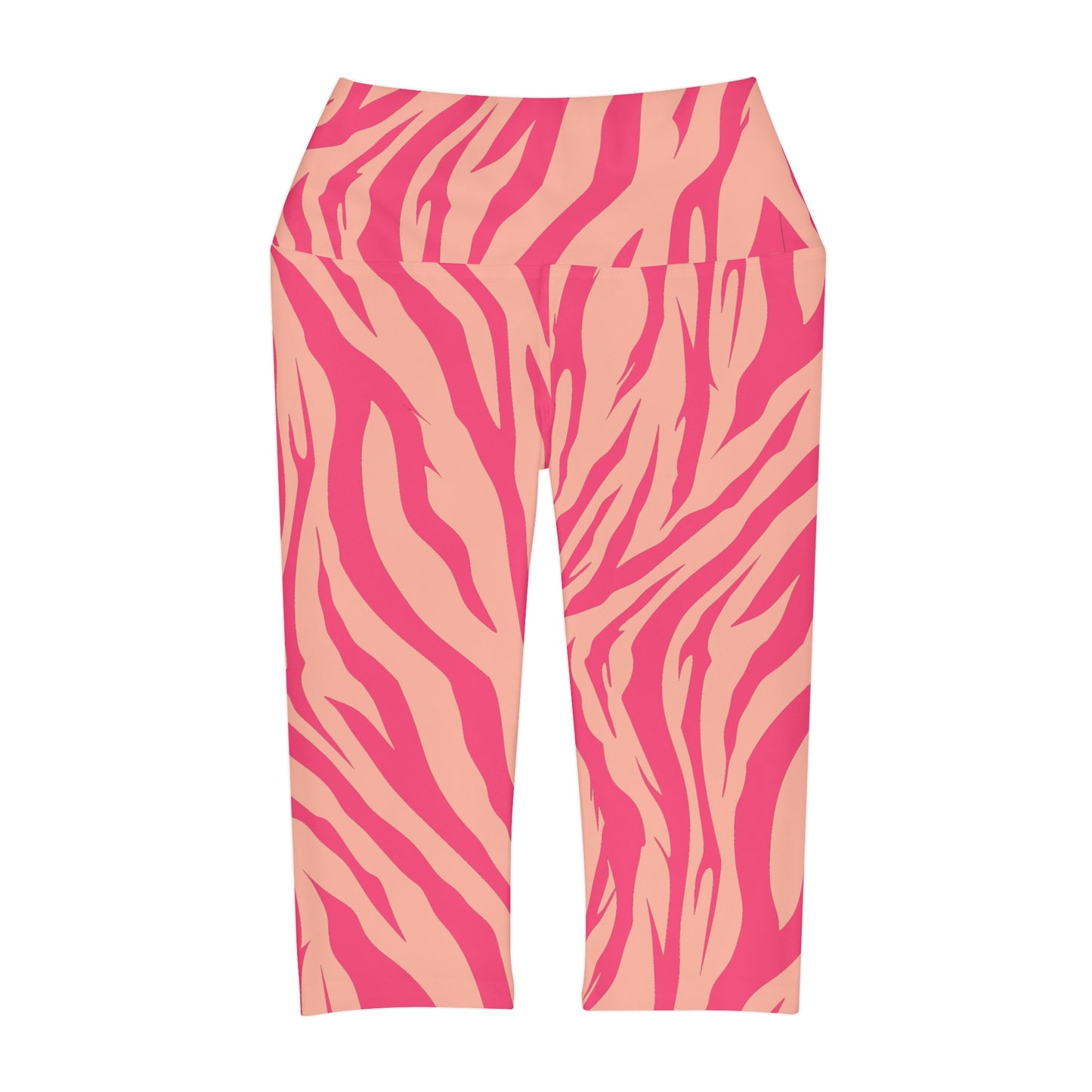 Front flat lay view of Pink Stripes Capri Leggings in polyester spandex blend