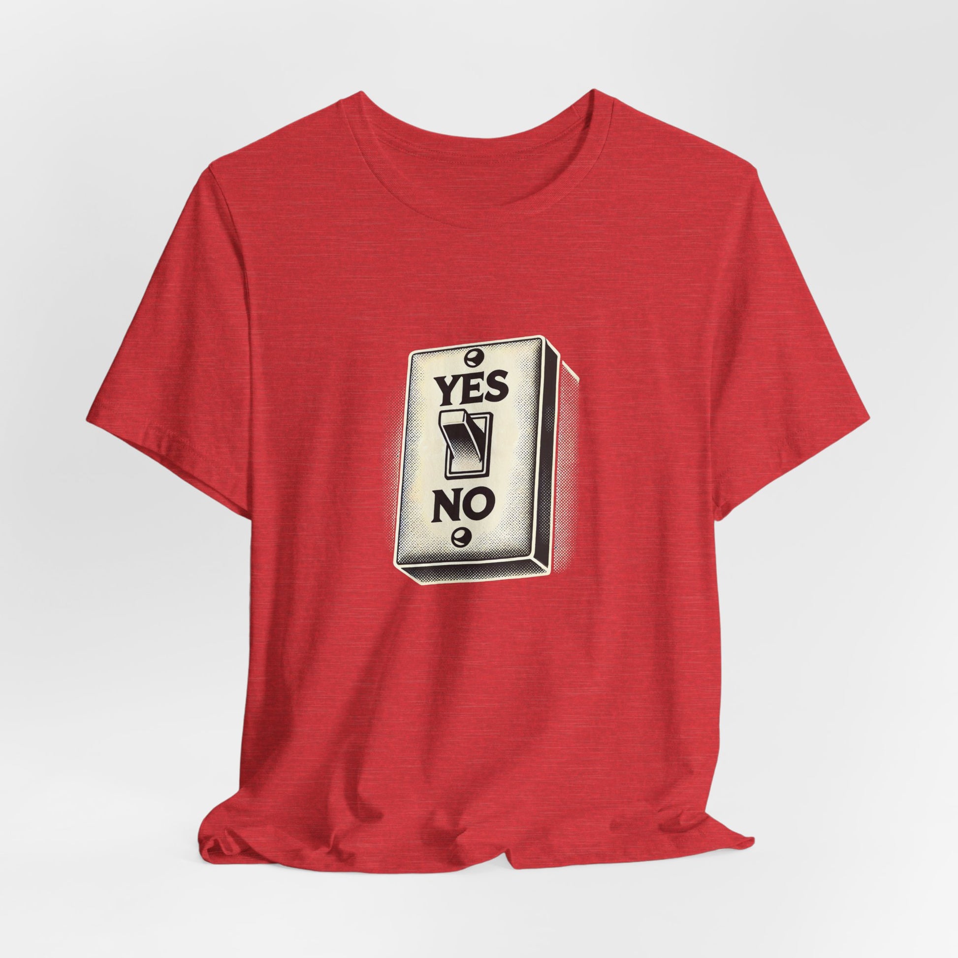 Flat lay of red YES/NO Switch Tee with vintage YES/NO graphic