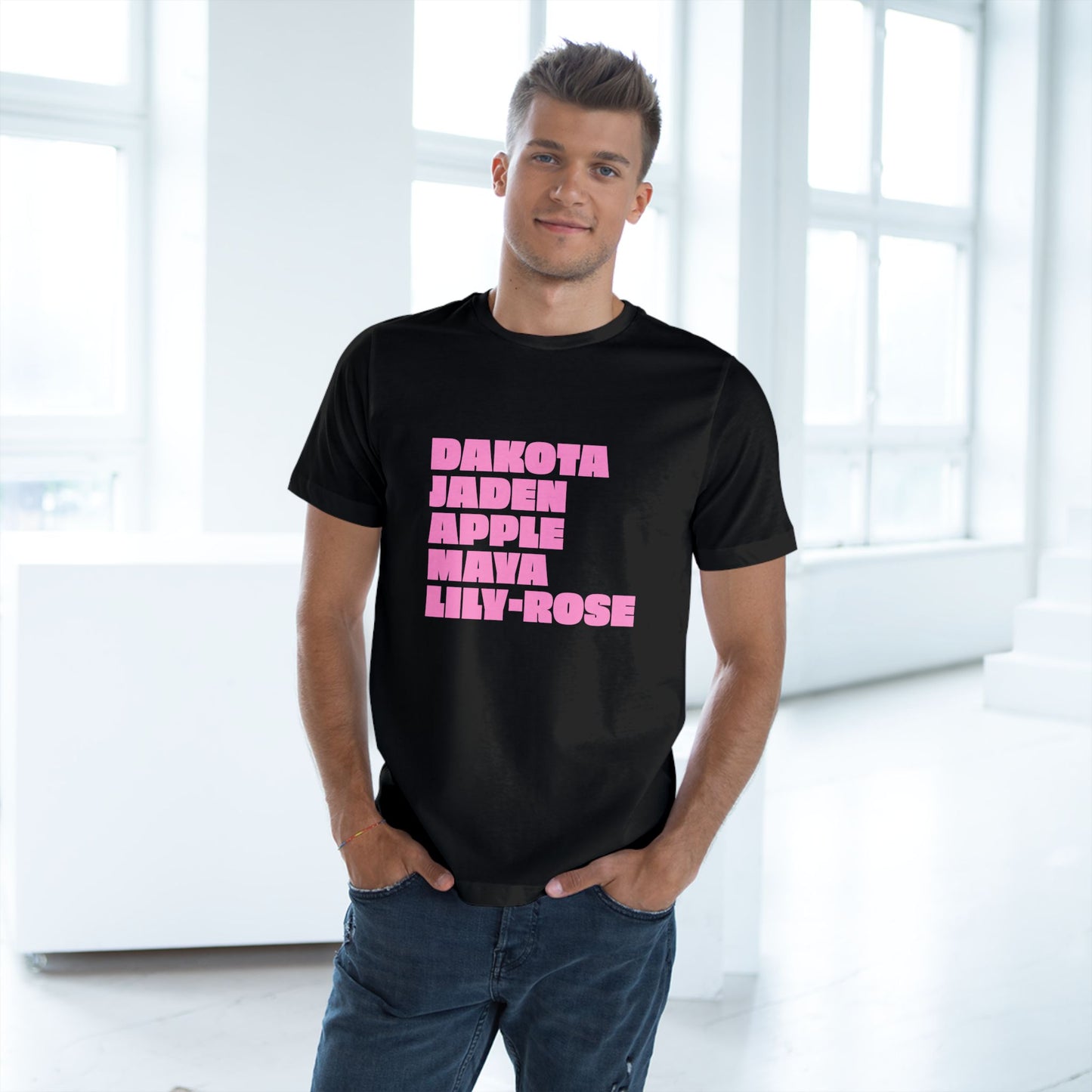 Black Nepo Babies List T-Shirt with pink lettering worn by male model