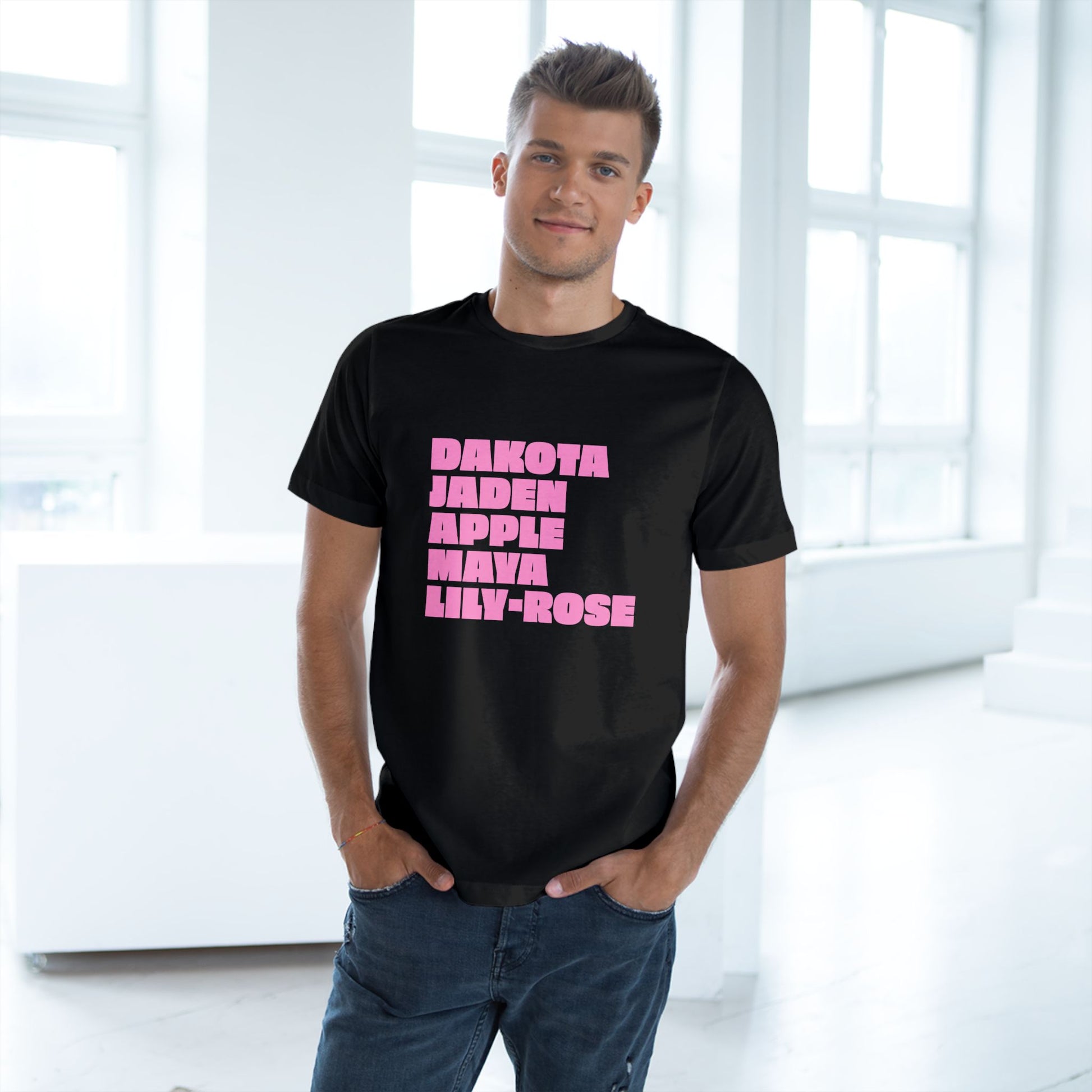 Black Nepo Babies List T-Shirt with pink lettering worn by male model