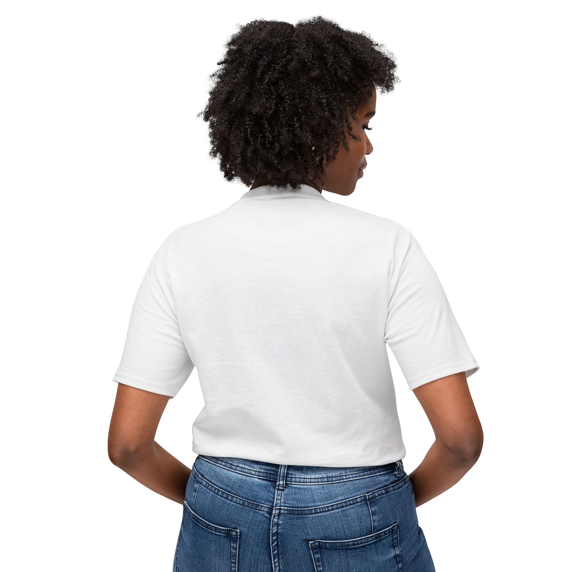 Female model back view of white NY RAT T-Shirt with plain back.