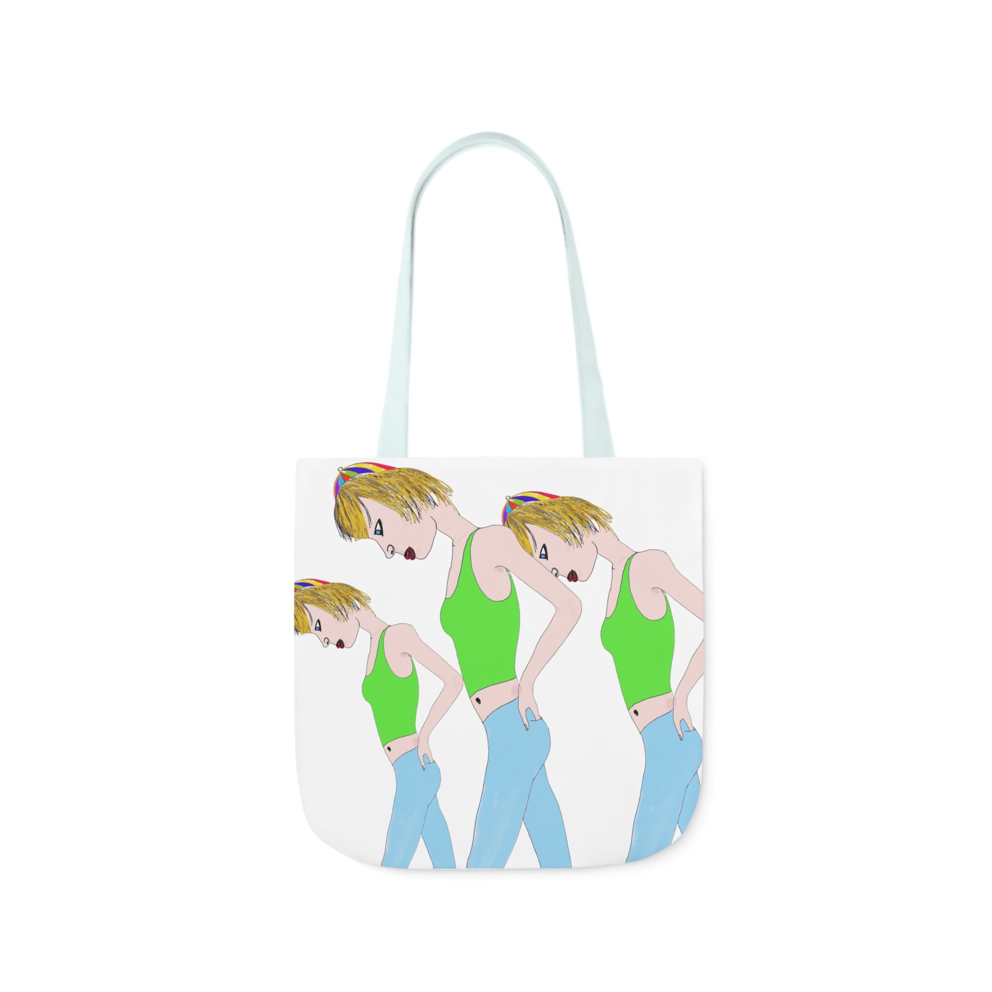 White tote bag featuring a repeating cartoon-style illustration of a blonde woman wearing a green top and light blue jeans