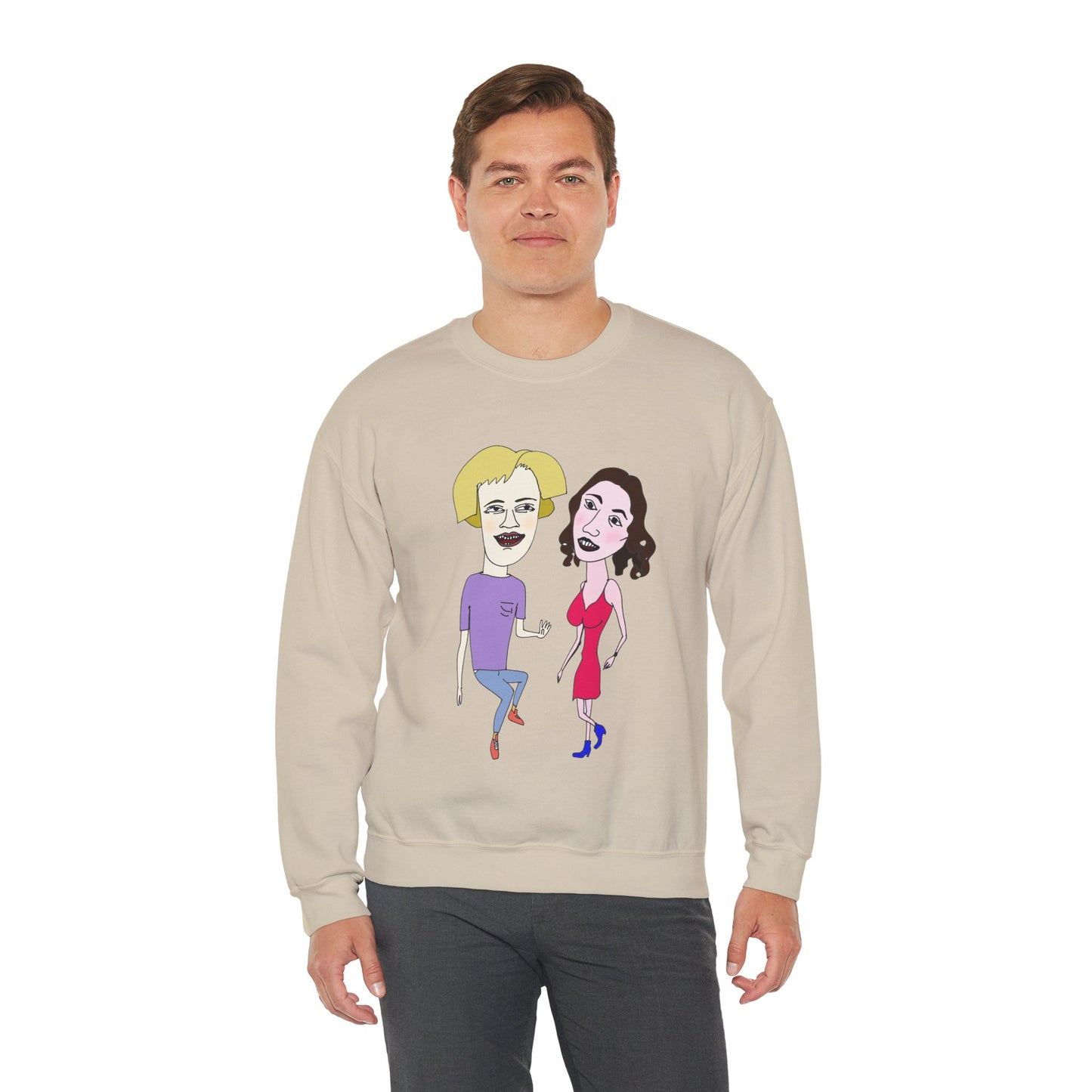 Man wearing beige Lily and Matthew couple sweatshirt.