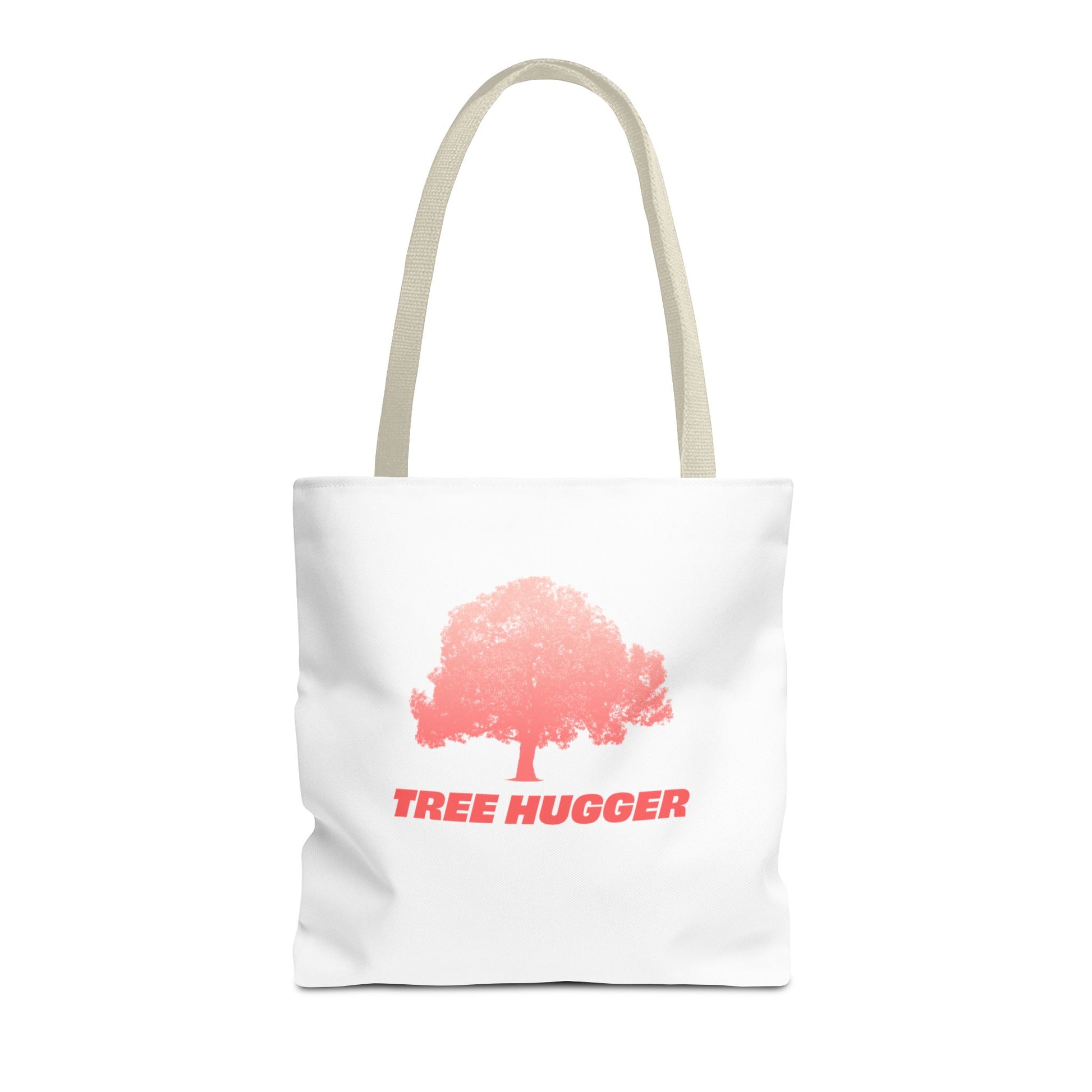 Tree Hugger Tote Bag front view with red tree graphic