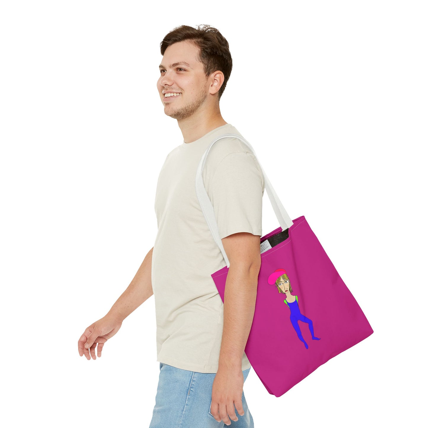 Male model walking with Cody Tote Bag demonstrating everyday use styling