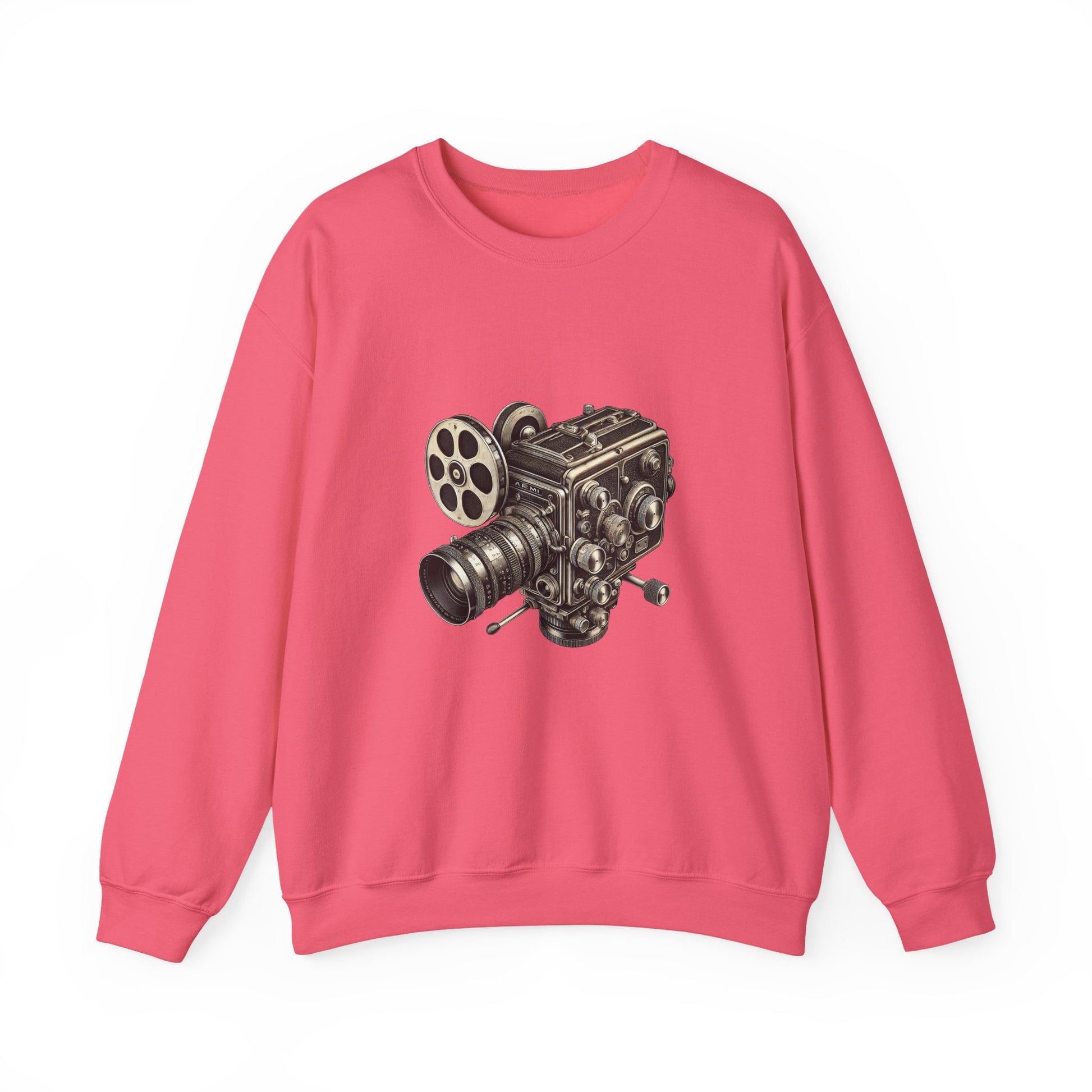 Model wearing a pink Film Camera Sweatshirt, standing against plain background.