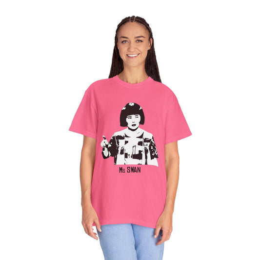 Woman modeling pink Ms. Swan MadTV T-shirt featuring a bold graphic of the character.