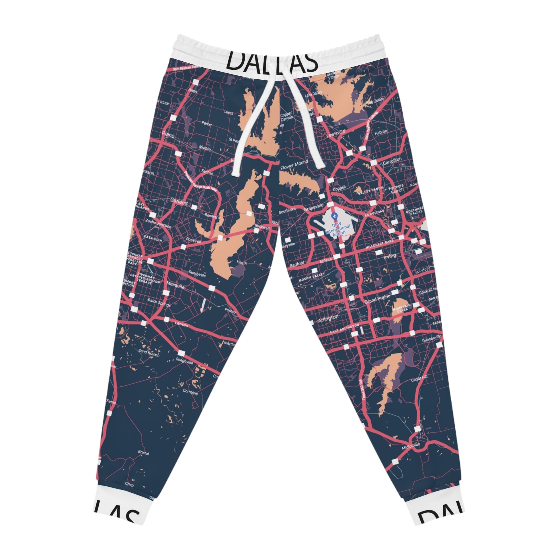 Sweatpants with a map design and 'Dallas' text on a white background