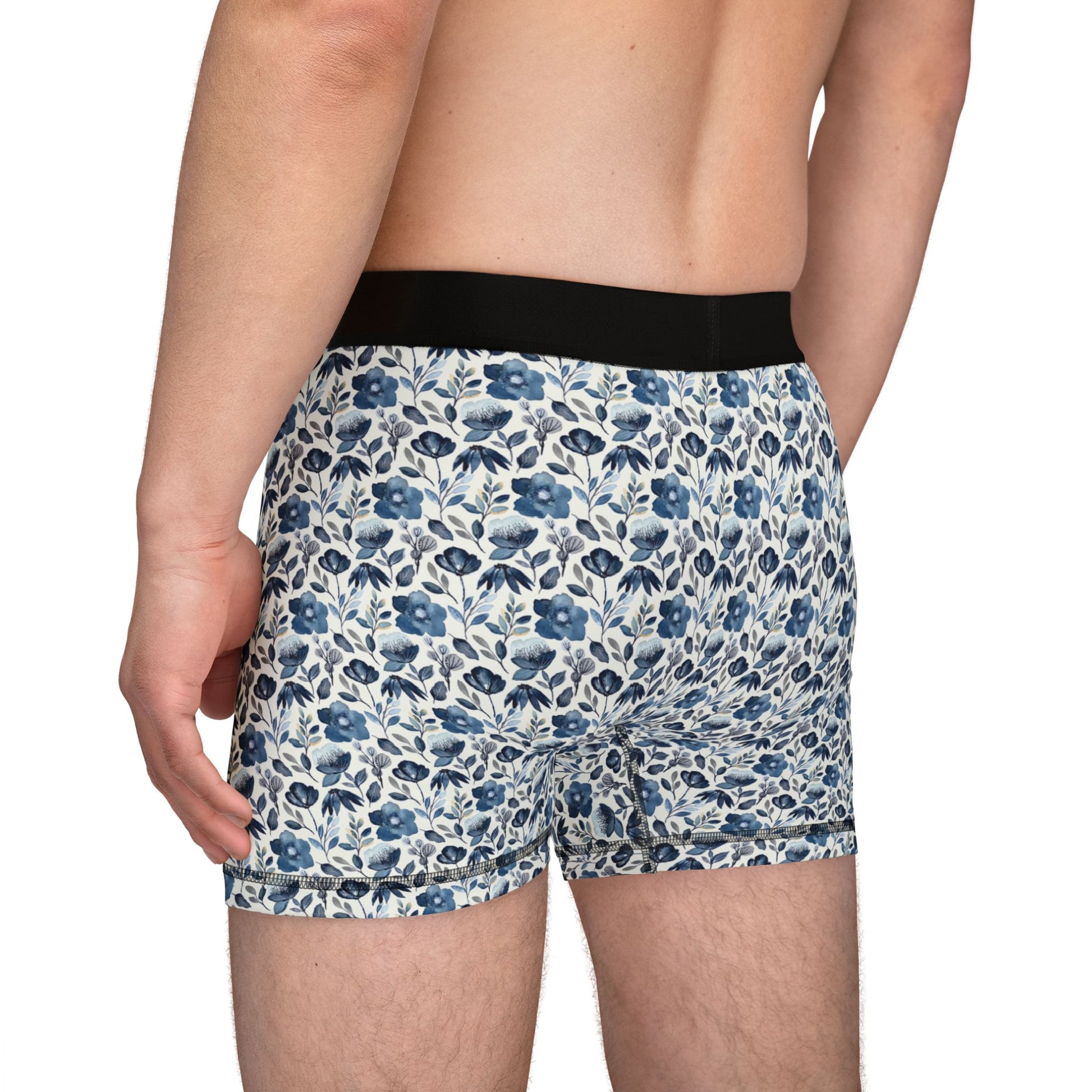 Male model back view wearing Floral Men’s Boxers showcasing full floral print and waistband