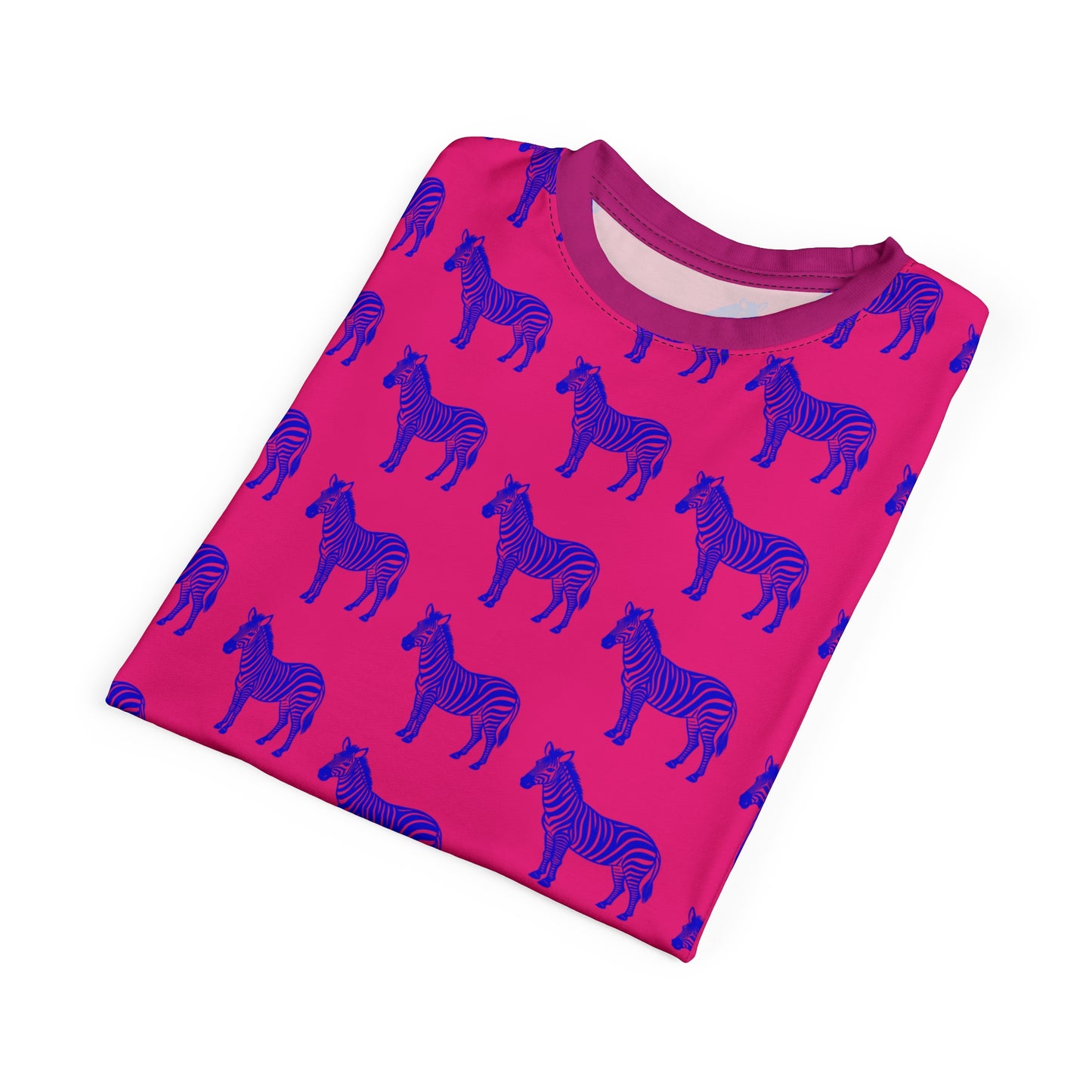 Folded Blue Zebra Unisex T-Shirt with durable 100% polyester fabric and bold zebra design.