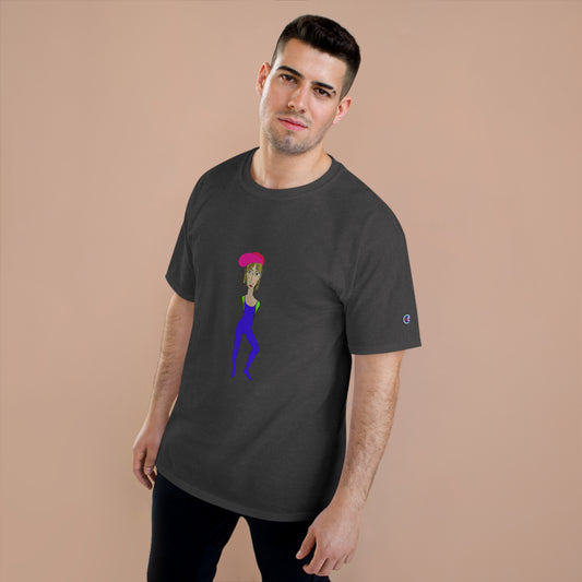 Man wearing dark Champion t-shirt featuring an illustrated character named Cody with a pink beret and purple outfit on the front.