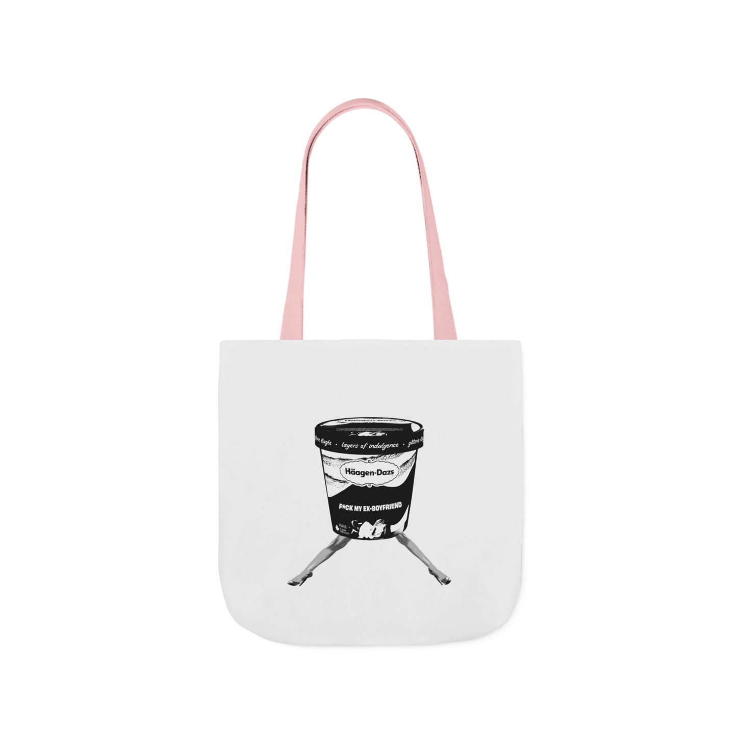 White tote bag with a black coffee cup graphic and pink handle on a white background