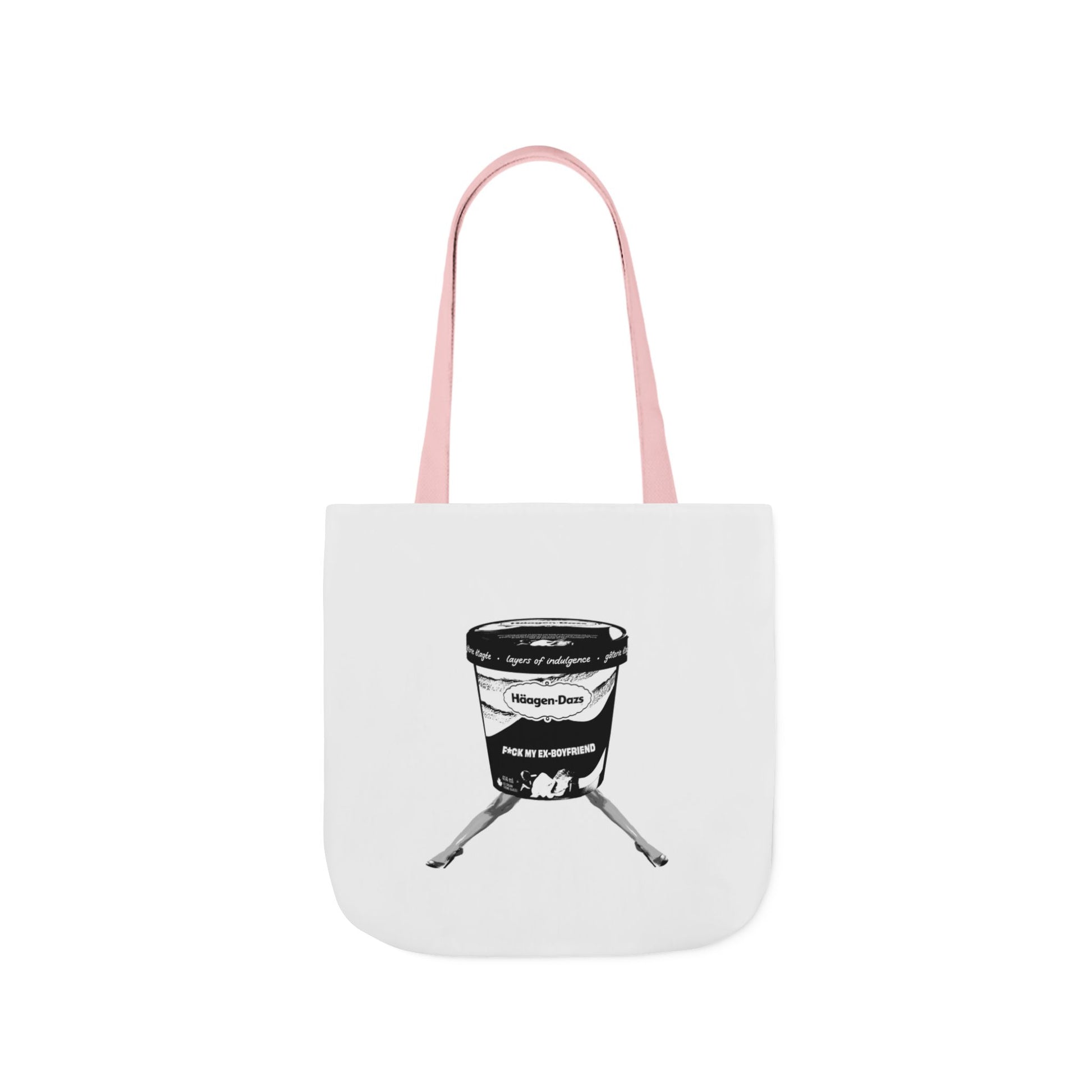 White tote bag with a black coffee cup graphic and pink handle on a white background