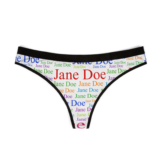 Front view of Jane Doe Women’s Thongs – White Edition with multicolor text print