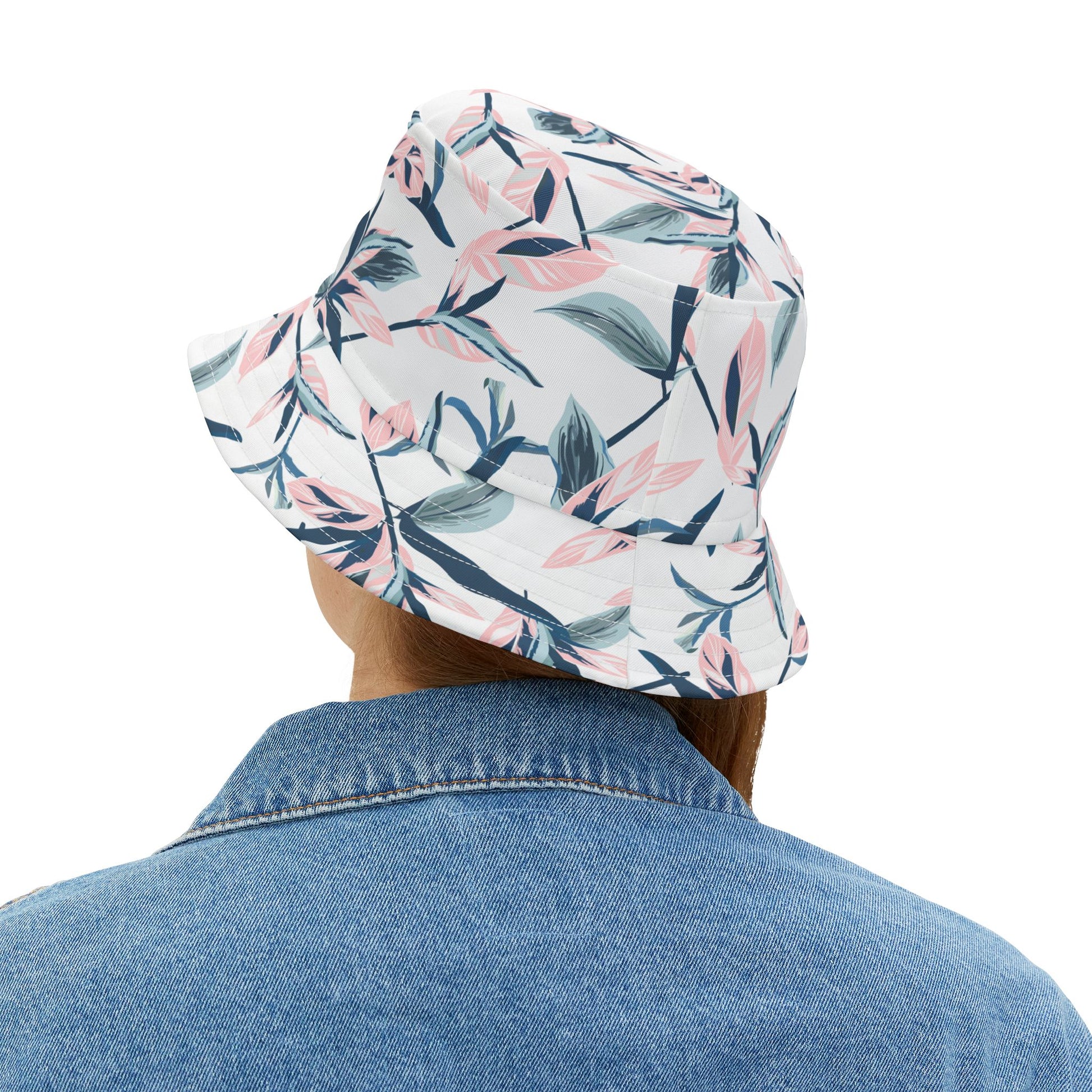 Back view of floral bucket hat with watercolor blossom print.