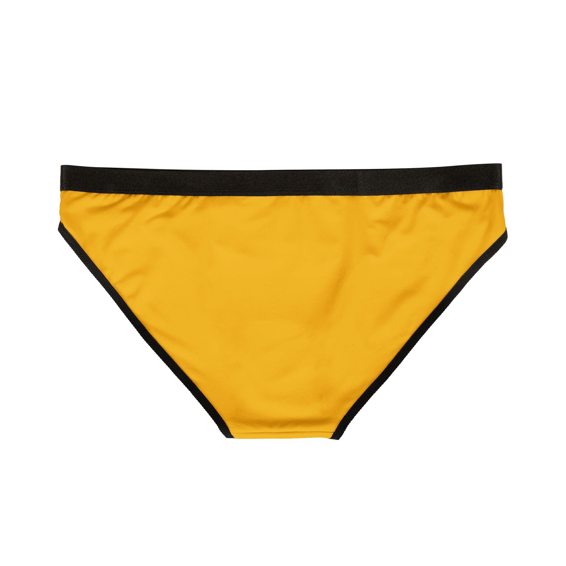 Yellow bikini bottom with black waistband on a white background