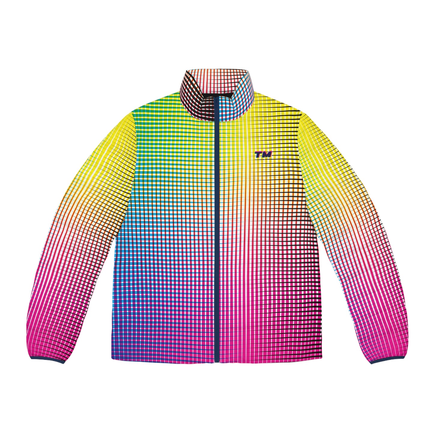 Electric Rainbow Men’s Puffer Jacket Lightweight Winter Coat front view rainbow gradient pattern