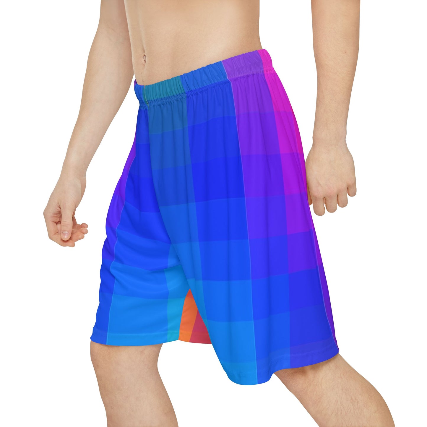 8-bit Rainbow Men’s Shorts worn by model, three-quarter side angle