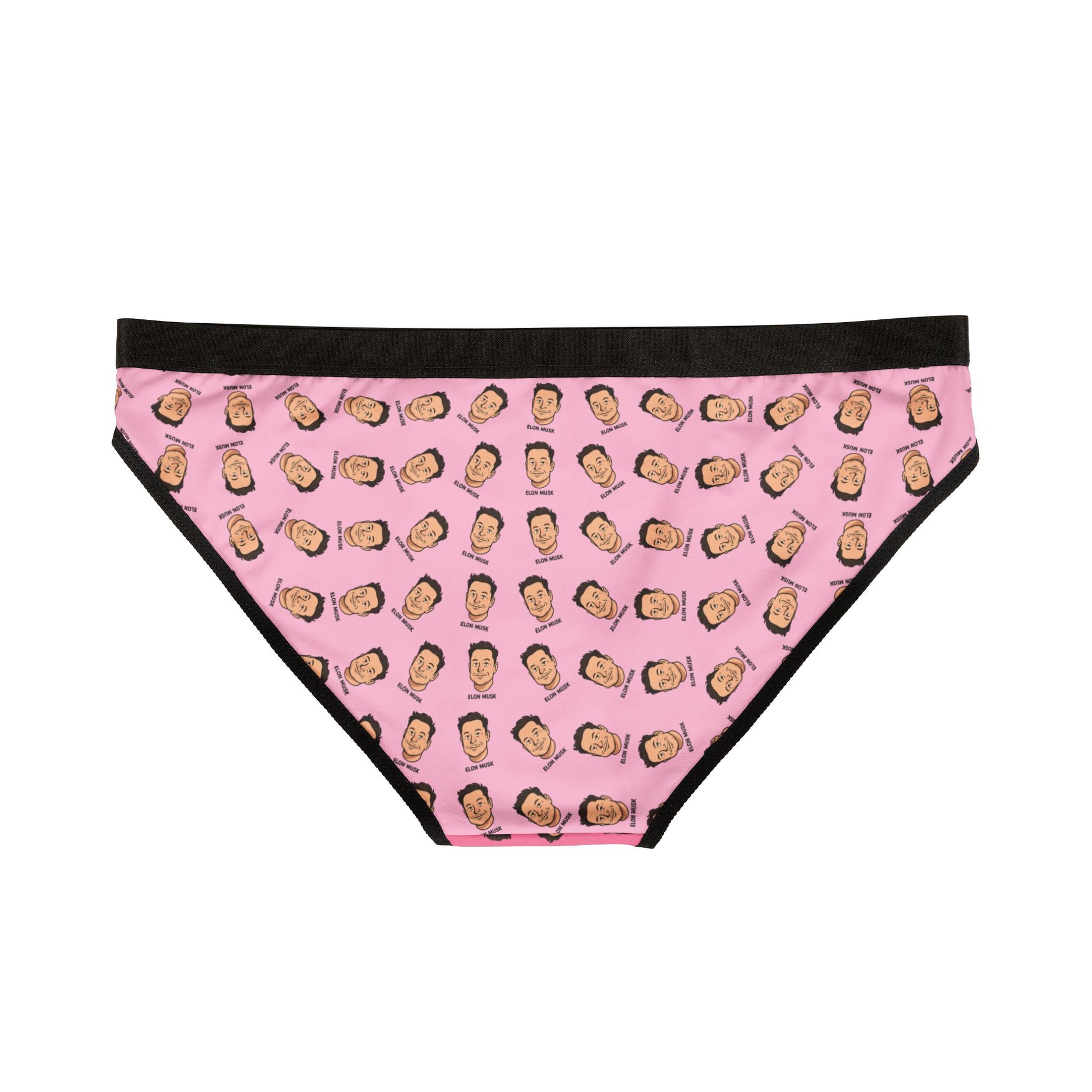 Flat back view of Elon Musk Panties with pink fabric and full cartoon face pattern.