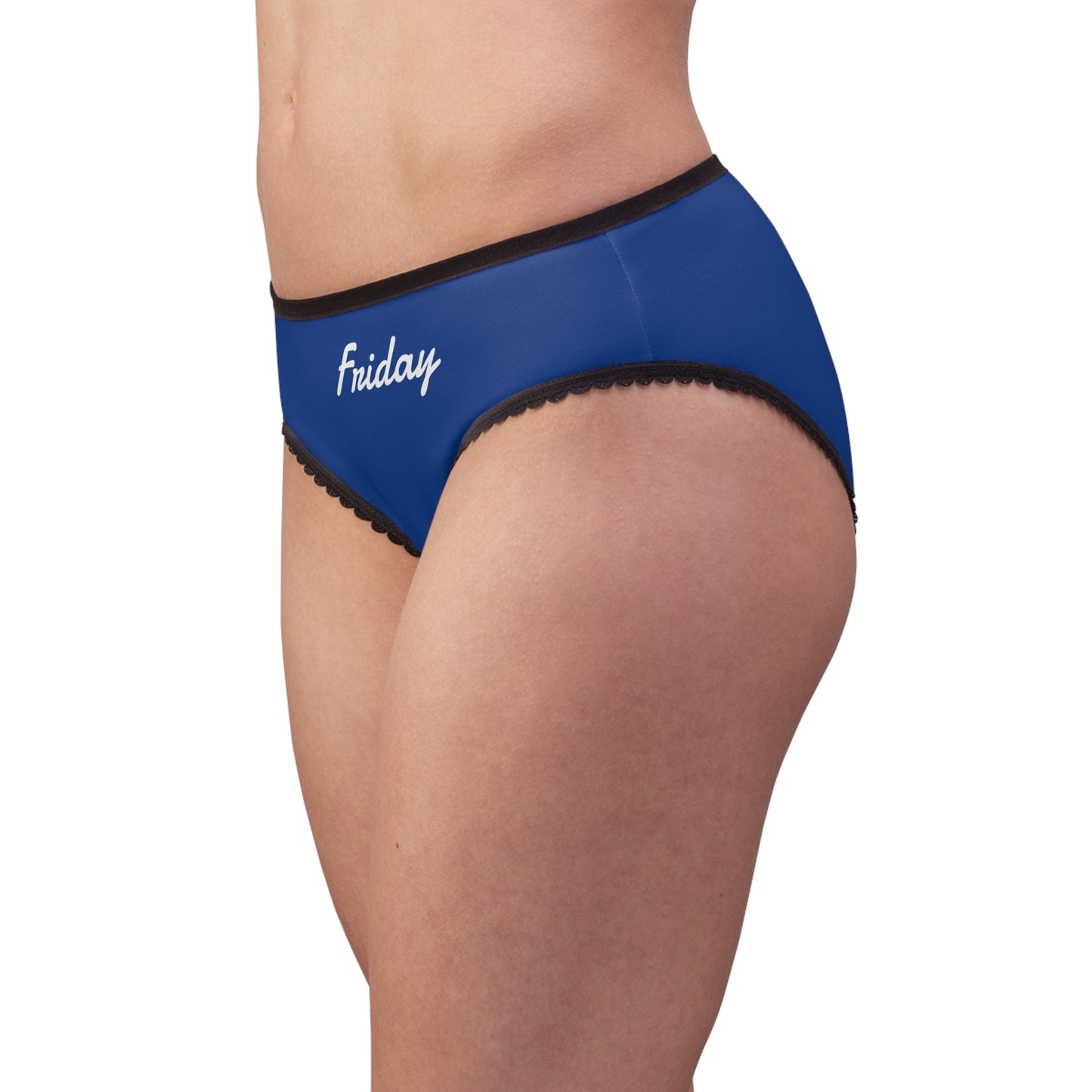 Blue underwear with 'Friday' text on a white background