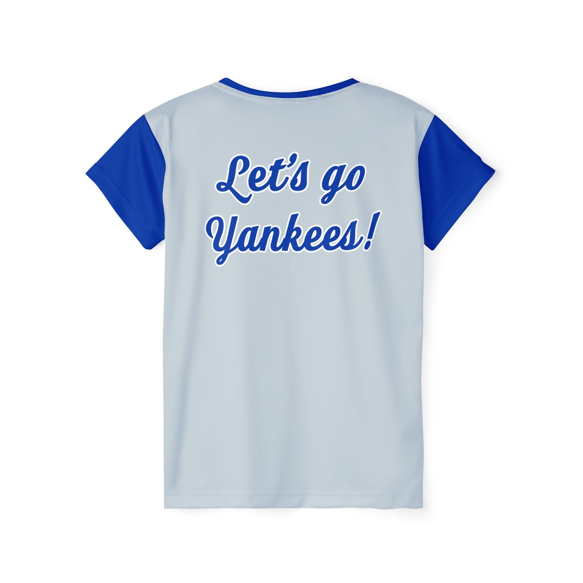 Flat lay of back of Let's Go Yankees women's sports jersey showing “Let’s go Yankees!” text in blue
