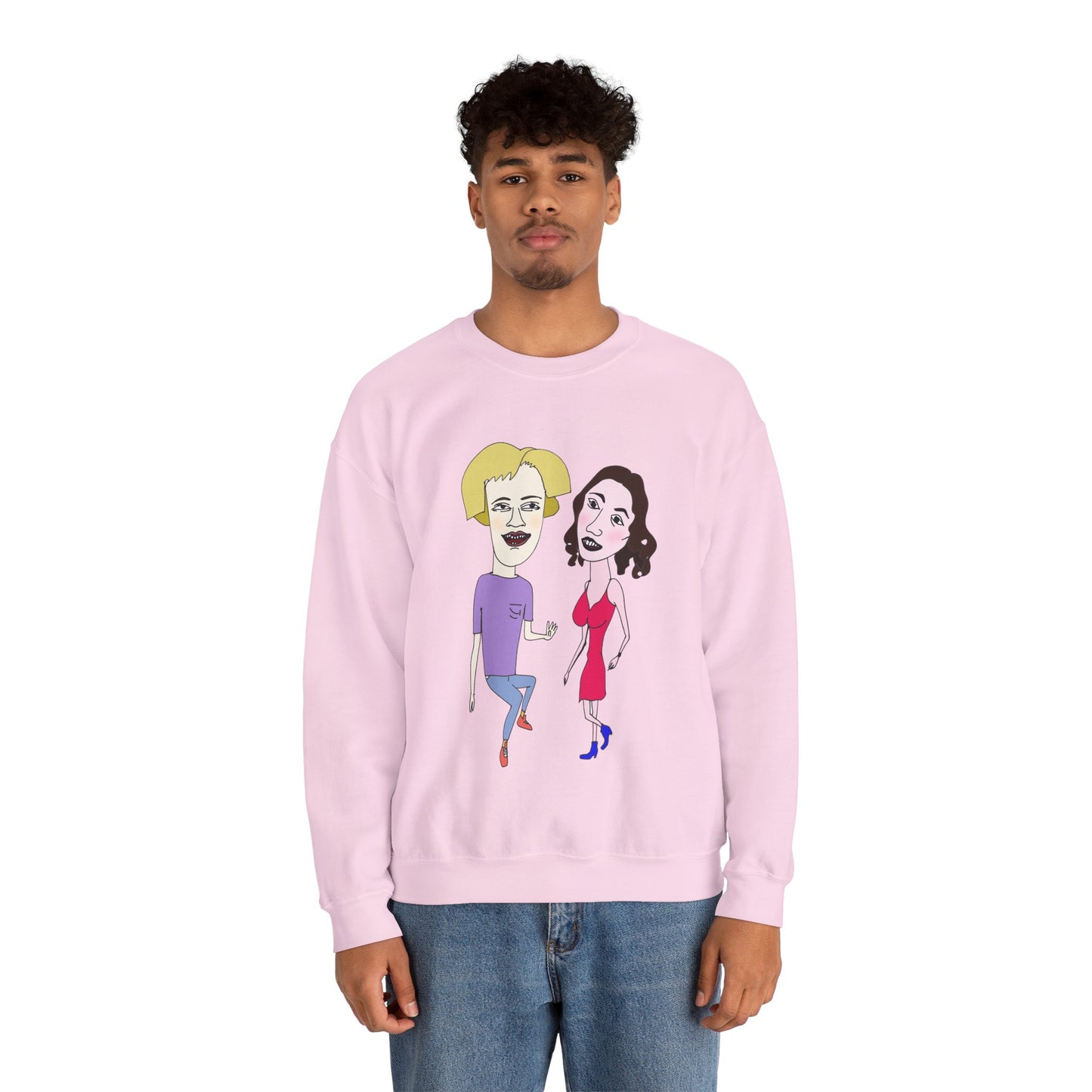 Man in pink Lily and Matthew couple sweatshirt, front view.