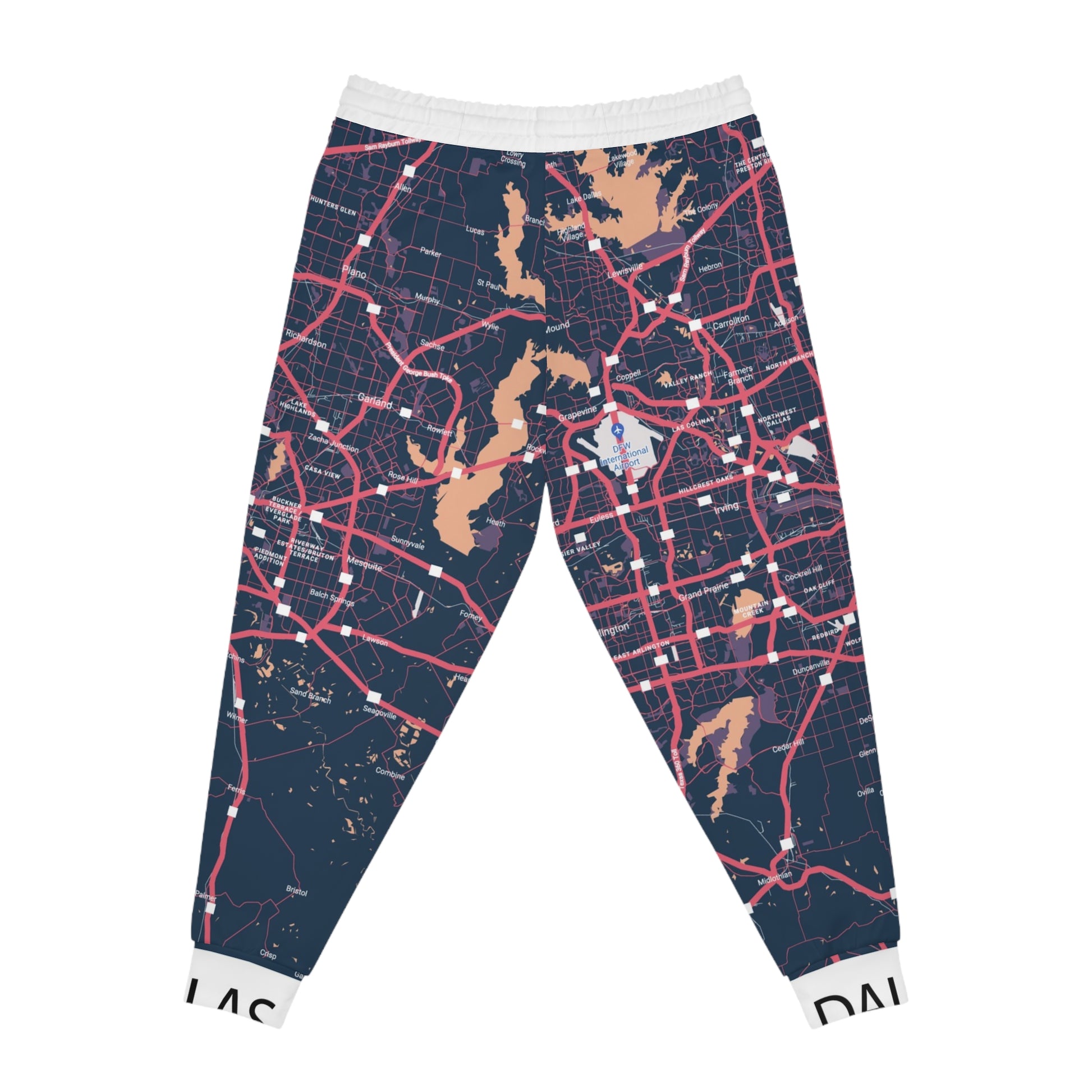 Sweatpants with a Dallas map design on a white background