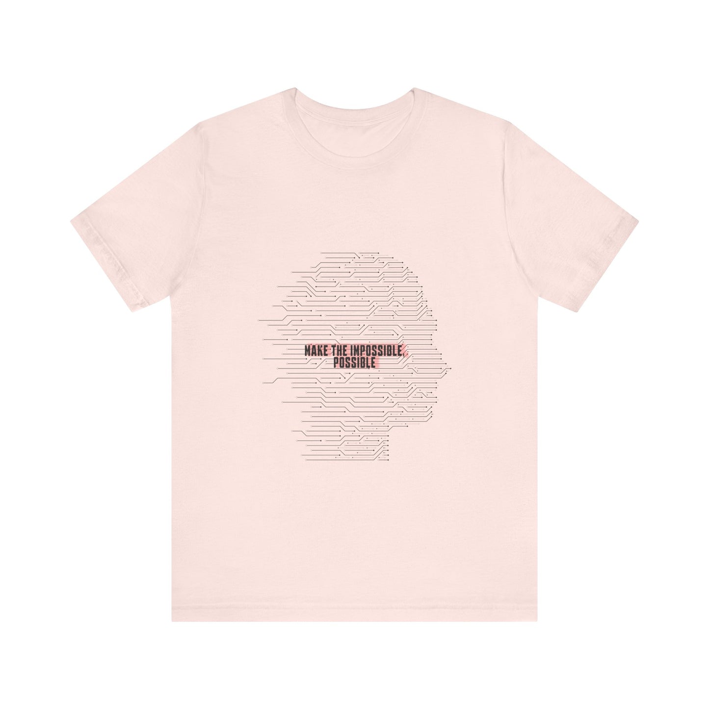 Pink t-shirt with a graphic of a head and text 'Make the Impossible Possible' on a white background