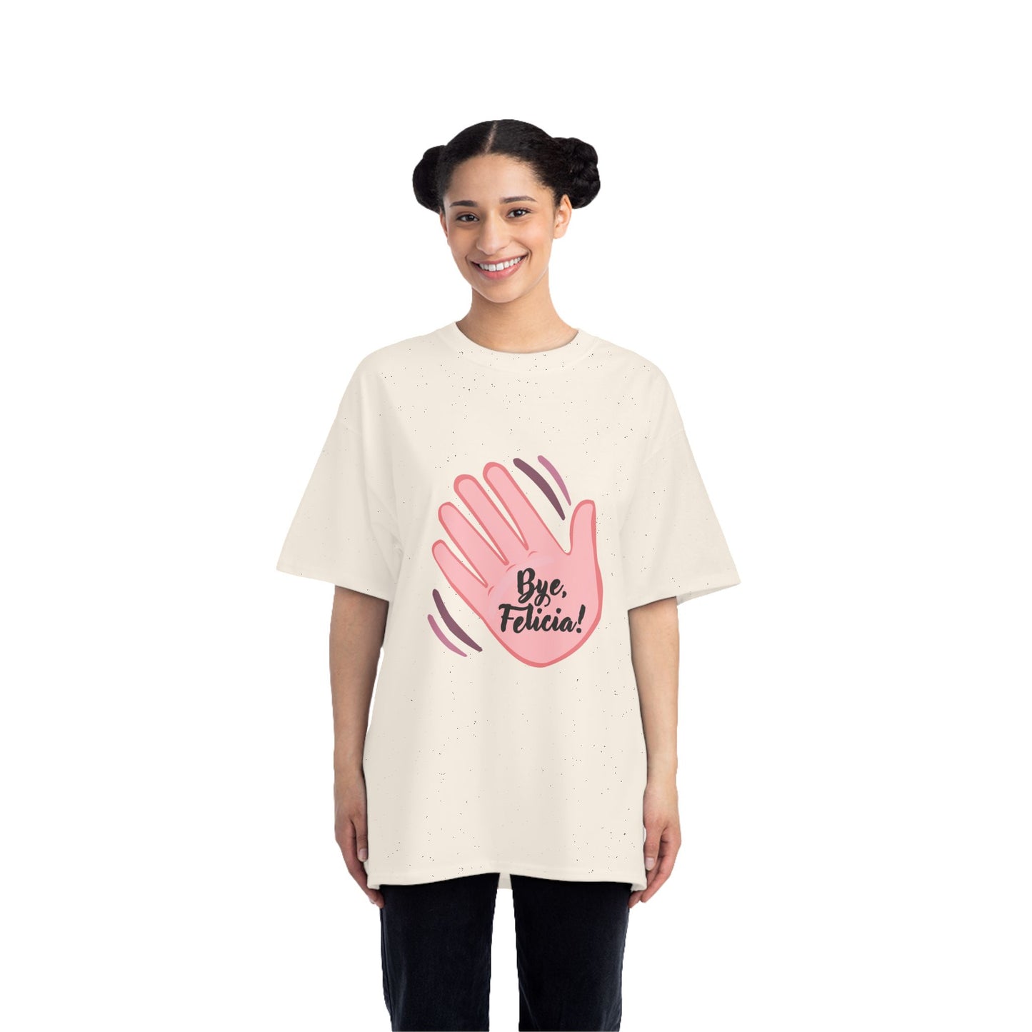 Woman wearing cream Bye Felicia T-Shirt with pink hand graphic