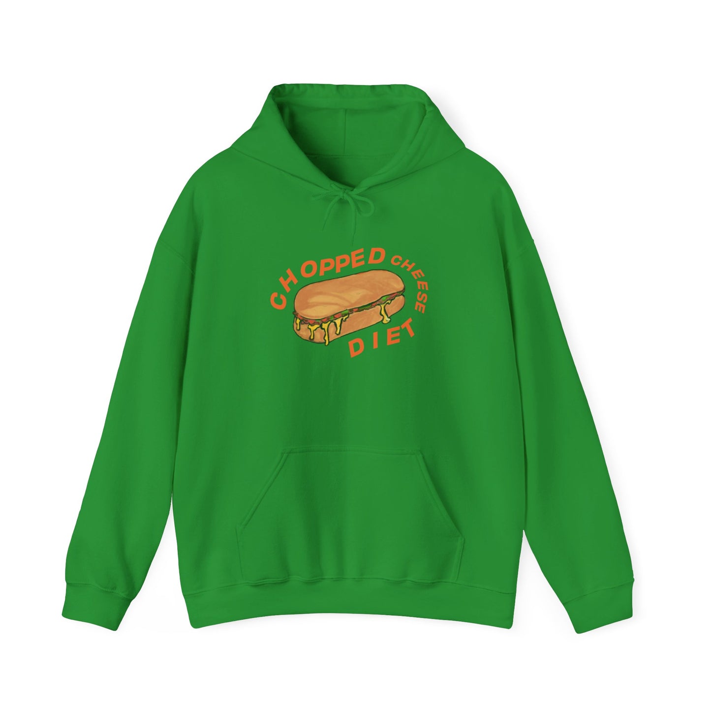 Green hoodie with “Chopped Cheese Diet” sandwich graphic on front.